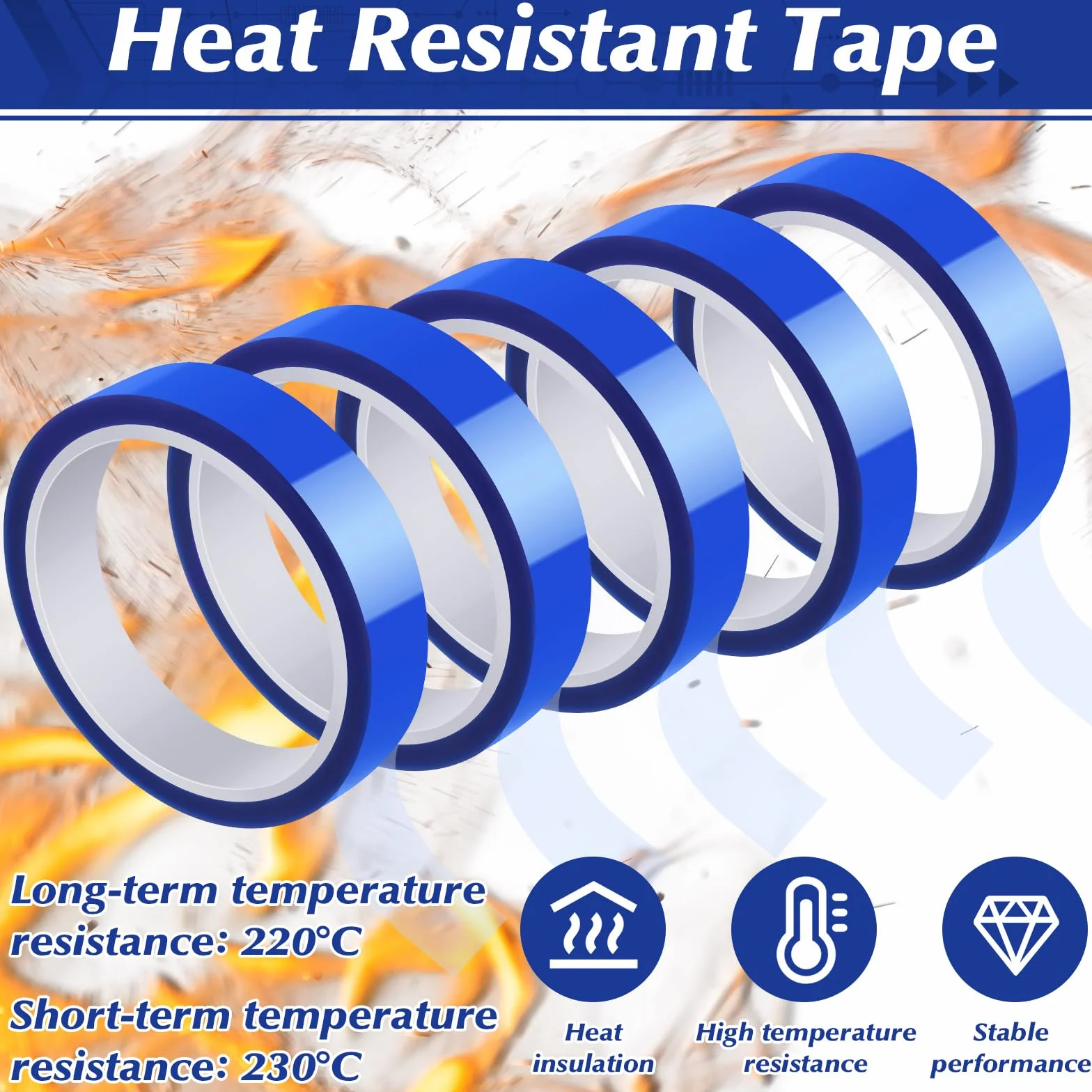 5 rotoli di nastro adesivo resistente al calore, 20 mm x 30 m, blu per sublimazione, senza residui, per circuiti elettronici, trasferimento di calore