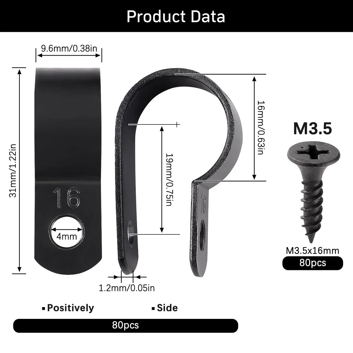 VooGenzek 80 Pezzi 16mm (5/8 Pollice) R-tipo Cavo Clip Fascetta, Morsetti per Cavi in Nylon con 80 Pezzi Viti, per la Gestione dei Fili (Nero)