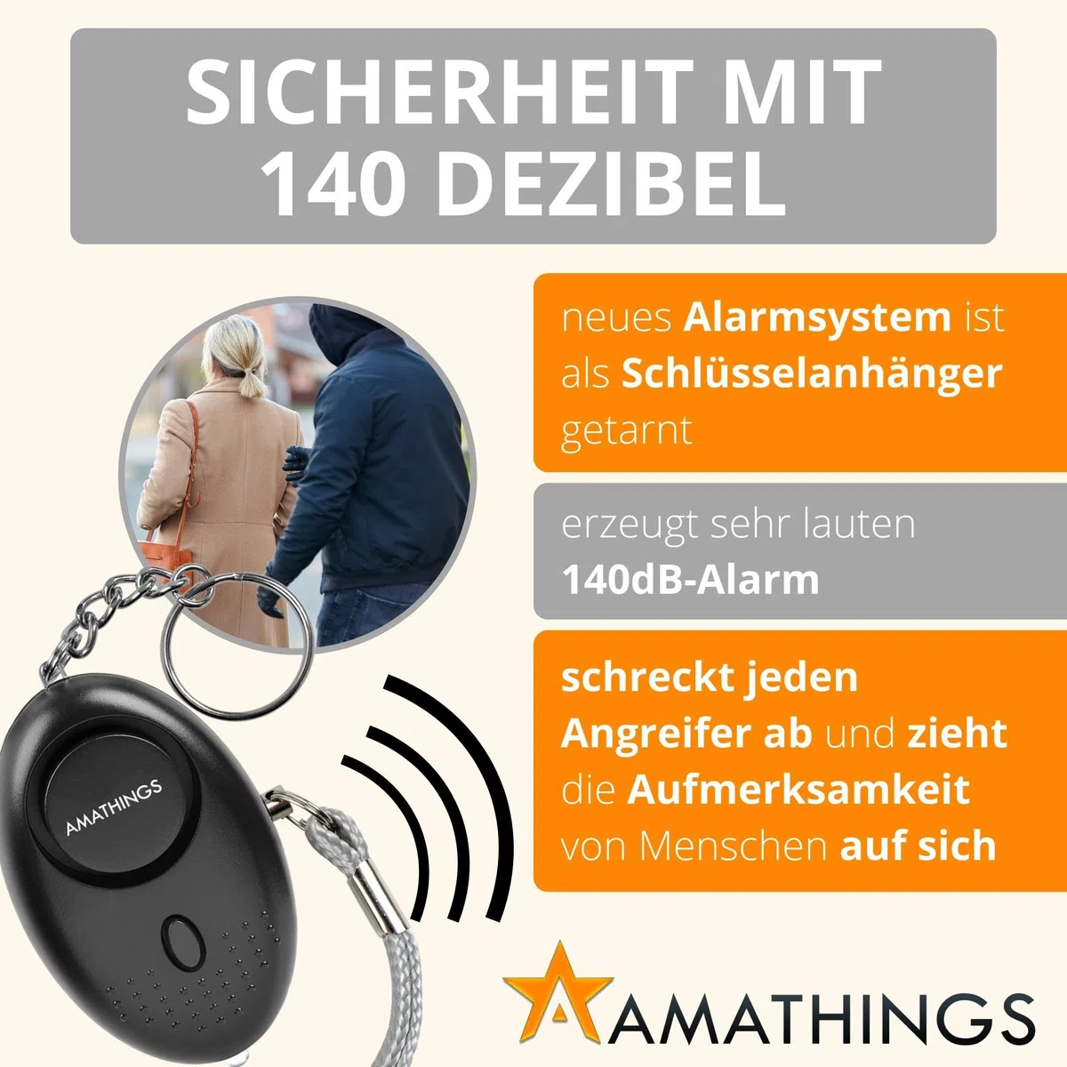 AMATHINGS Set di 2 allarmi tascabili [140dB deterrente] – Braccio panico mobile per portachiavi e borsa – aiuto immediato con luce LED – Protezione comprovata per donne, bambini e anziani – Nero