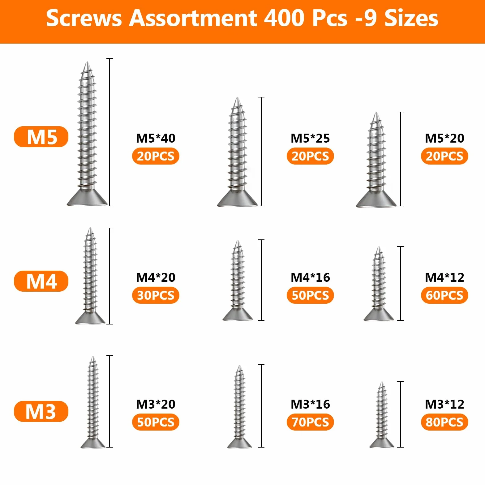 400 Pz M3 M4 M5 Viti Autofilettanti per Legno, Viti a Testa Piatta a Testa a Croce per Lamiera, Viti per Legno a Testa Svasata Croce Assortimento Kit, Set Viti in acciaio INOX