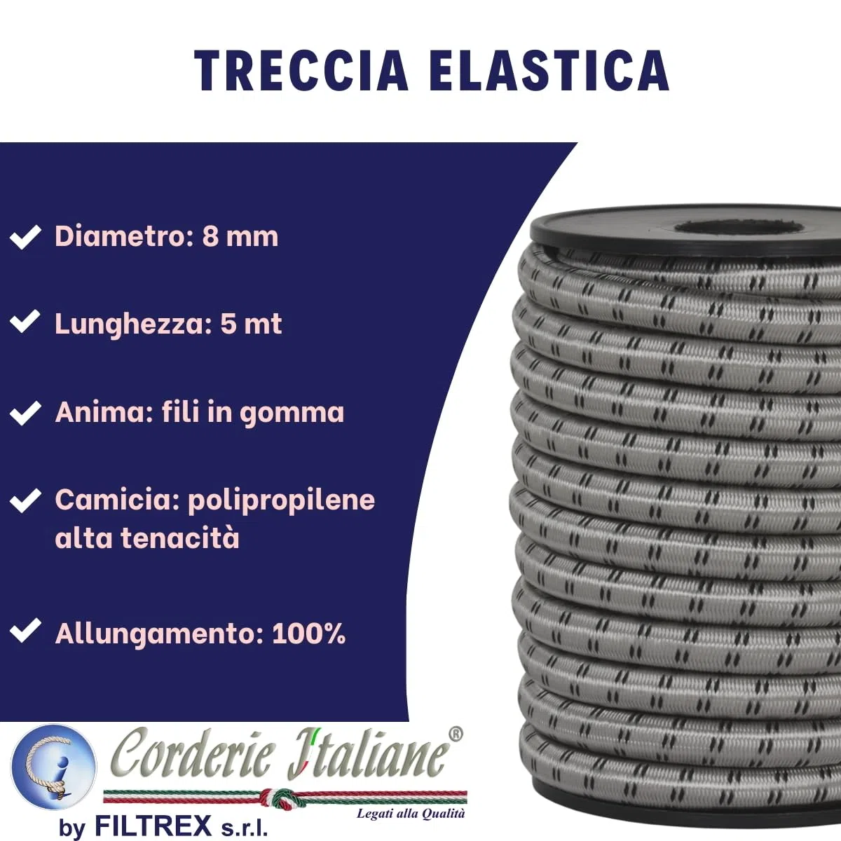 Corderie Italiane 006003656 Treccia elastica grigio perla 8 mm - 5 mt