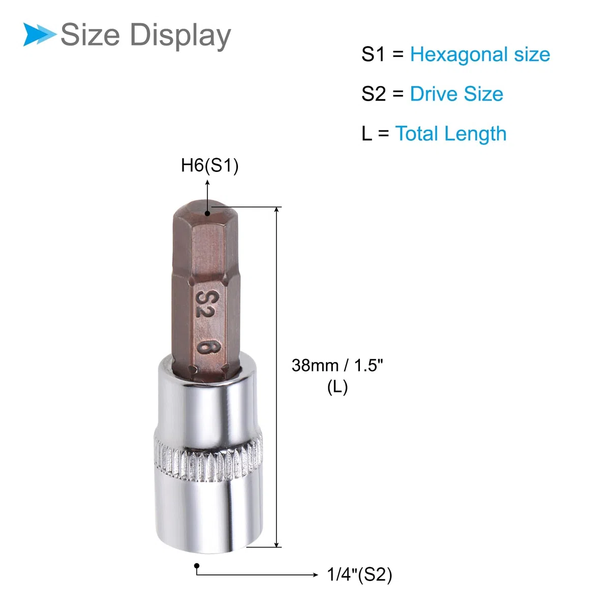 Chiave Esagonale a Bussola, Metrico H6 (6mm) Punta 1/4" Attacco 1,5" Lungo, Acciaio Legato S2 Temprato al Cromo-Vanadio - (Applicazioni: per Applicazioni Fissaggio) 2pz