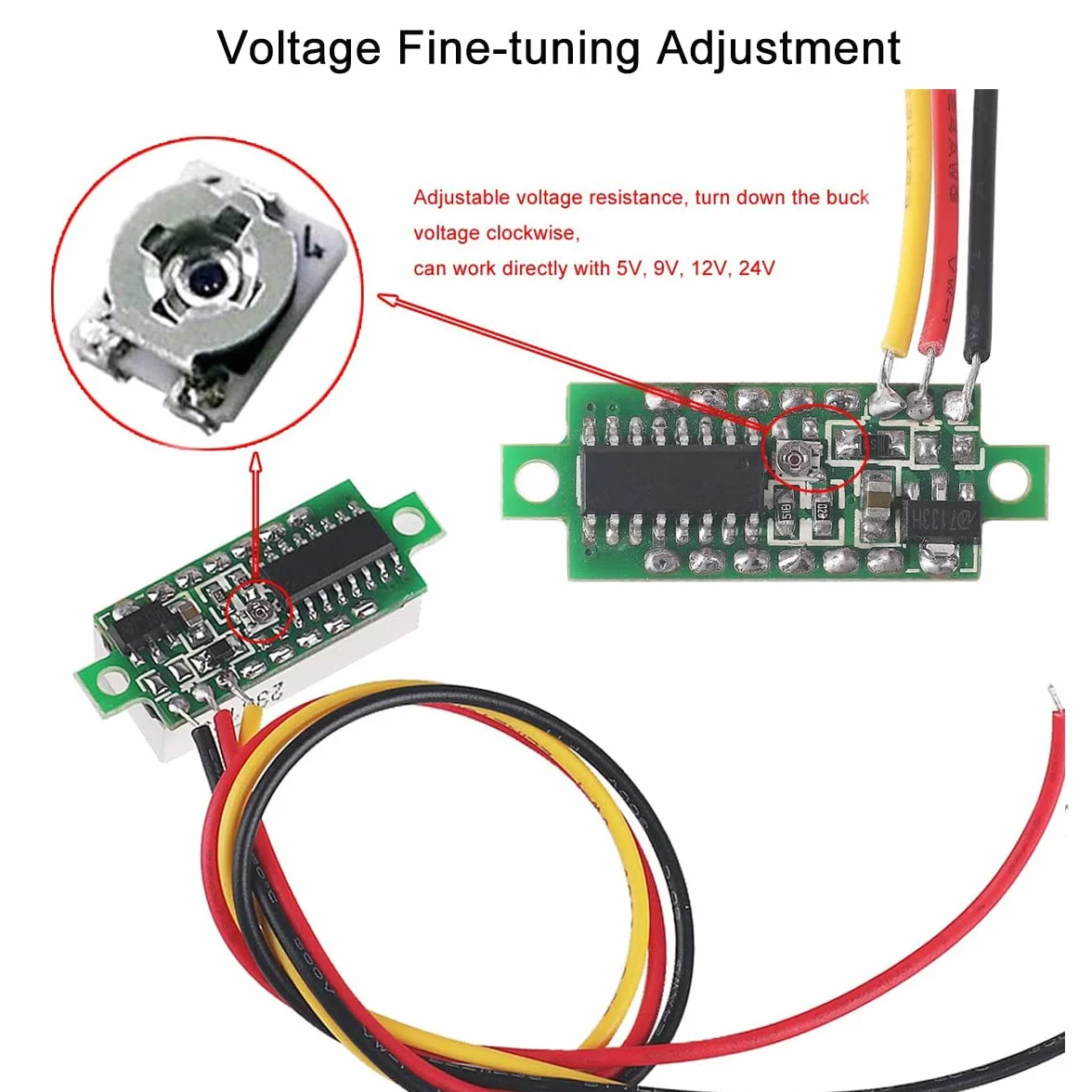 Greluma 5 Pezzi Mini voltmetro DC digitale da 0,28 pollici, misuratore di tensione del voltmetro DC mini a tre fili 0V-100V - 5 colori
