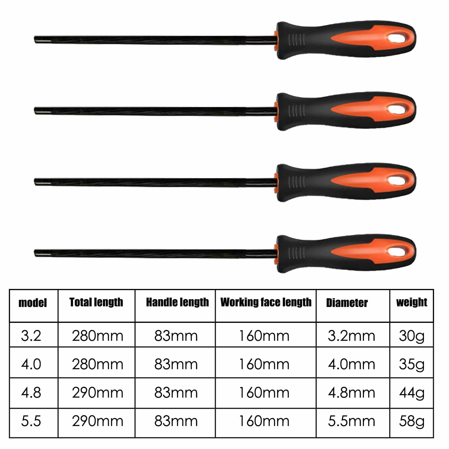 4 pezzi per motosega, per affilare, per cavallo, per lima rotonda, per motosega, per motosega, set di lime da 3,2 mm, 4,0 mm, 4,8 mm, 5,5 mm, adatta per motoseghe