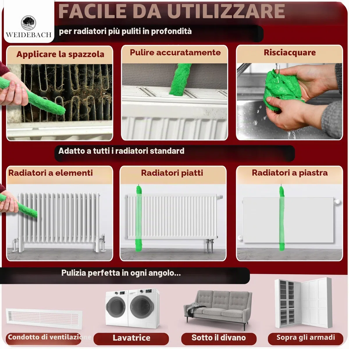 Weidebach Spazzola per radiatori V. 3.0, lunghezza totale 125 cm, spazzola in microfibra da 110 cm, per la pulizia del radiatore, senza peli di animali, spazzola per radiatori viene fornita in ogni