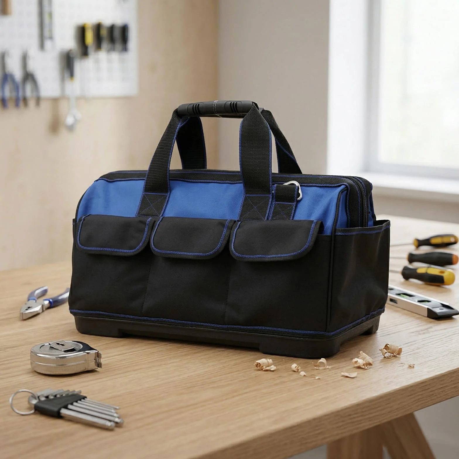 Borsa per attrezzi resistente con fondo rigido impermeabile, ampia apertura per elettricista, carpentiere, meccanico, con molte tasche (Blu, 21/29/40 cm)