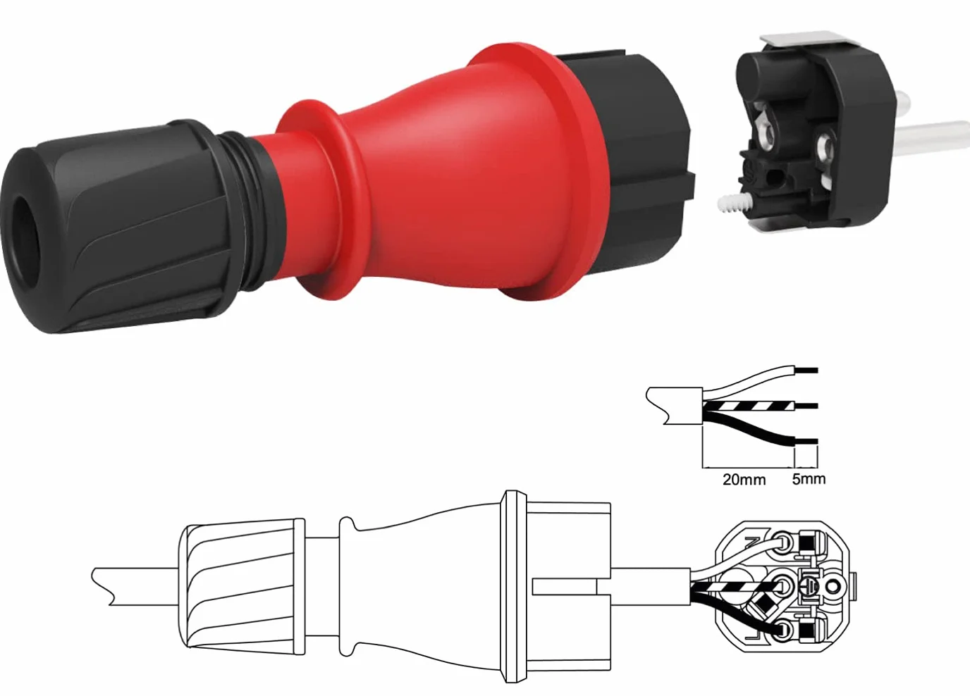 Electraline 92389 Confezione da 3 Spine Professionali Schuko, Protezione IP54, con Ghiera di Bloccaggio Cavo per Facilitare il Cablaggio, Rosso