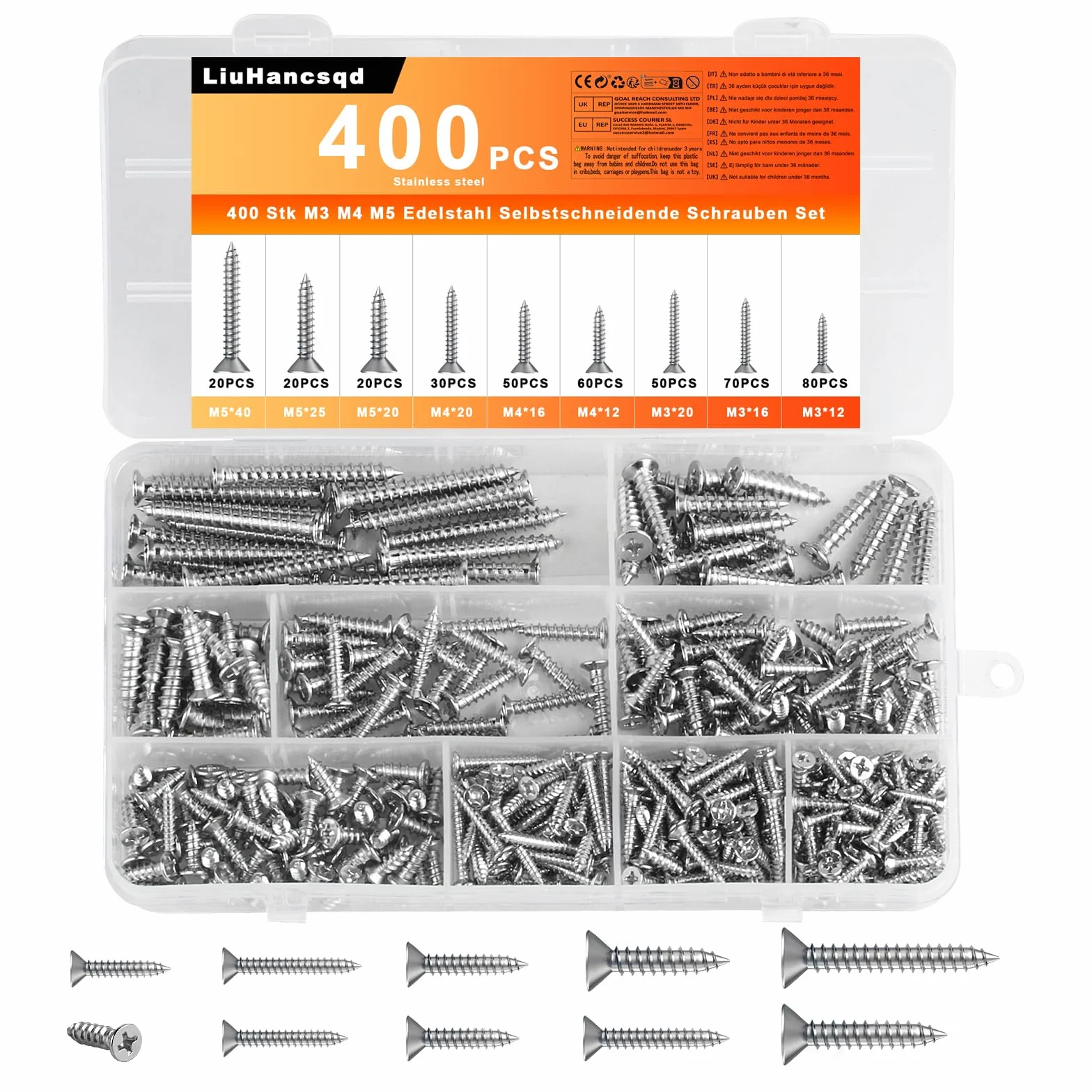 400 Pz M3 M4 M5 Viti Autofilettanti per Legno, Viti a Testa Piatta a Testa a Croce per Lamiera, Viti per Legno a Testa Svasata Croce Assortimento Kit, Set Viti in acciaio INOX