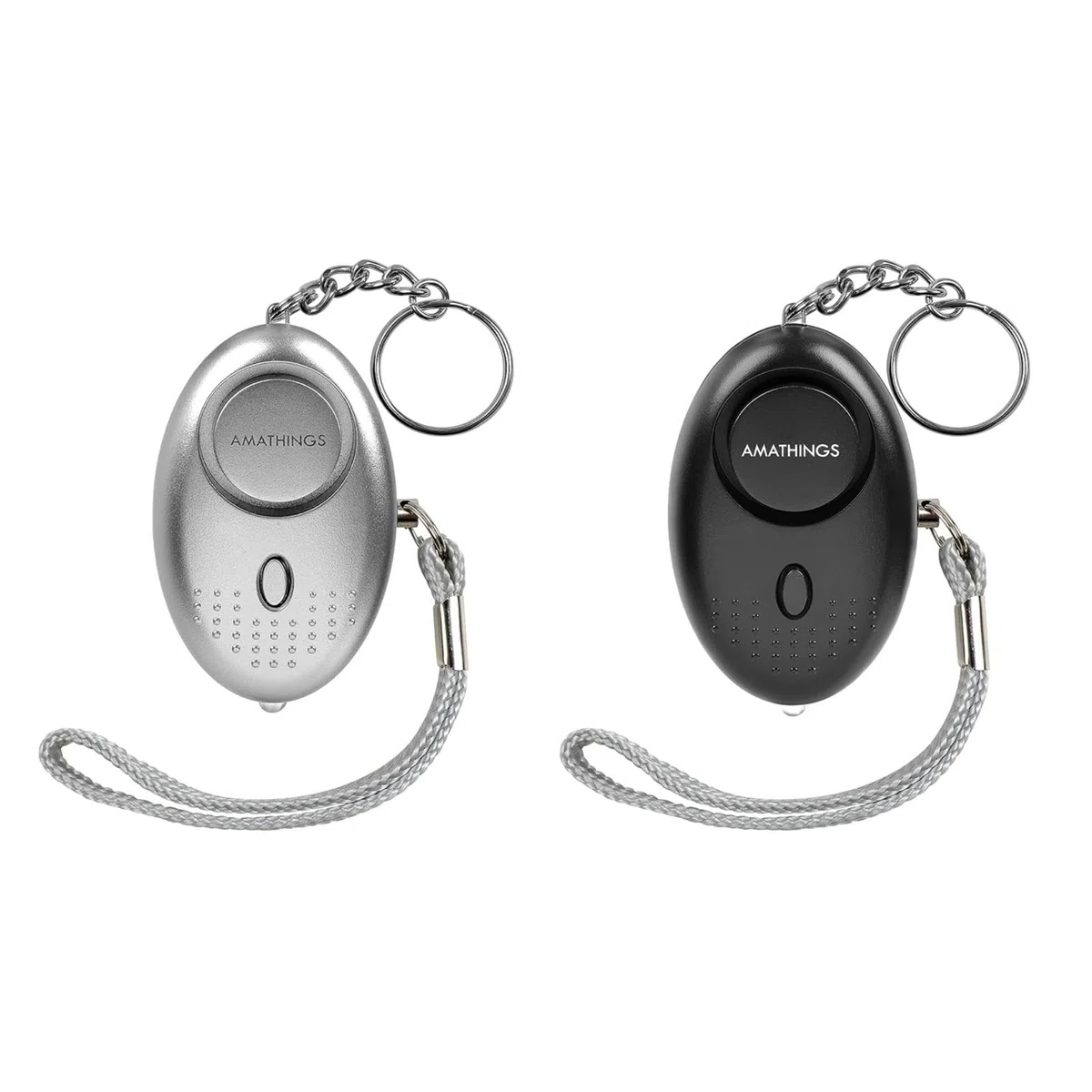 AMATHINGS Set di 2 allarmi tascabili [140dB deterrente] – Braccio panico mobile per portachiavi e borsa – aiuto immediato con luce LED – Protezione comprovata per donne, bambini e anziani – Nero