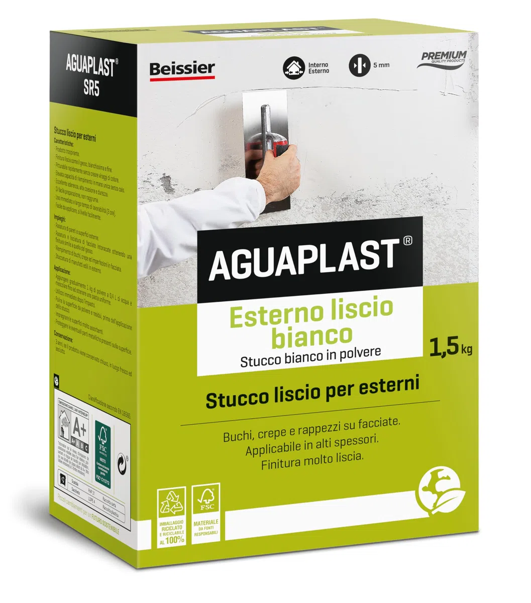 Stucco per Esterni finitura liscia – Aguaplast SR5 per Rasature e Riempimenti di Crepe e Buchi – Stucco in Polvere Verniciabile per Facciate, Muri e Intonaco – Alta Resistenza - formato 1,5kg