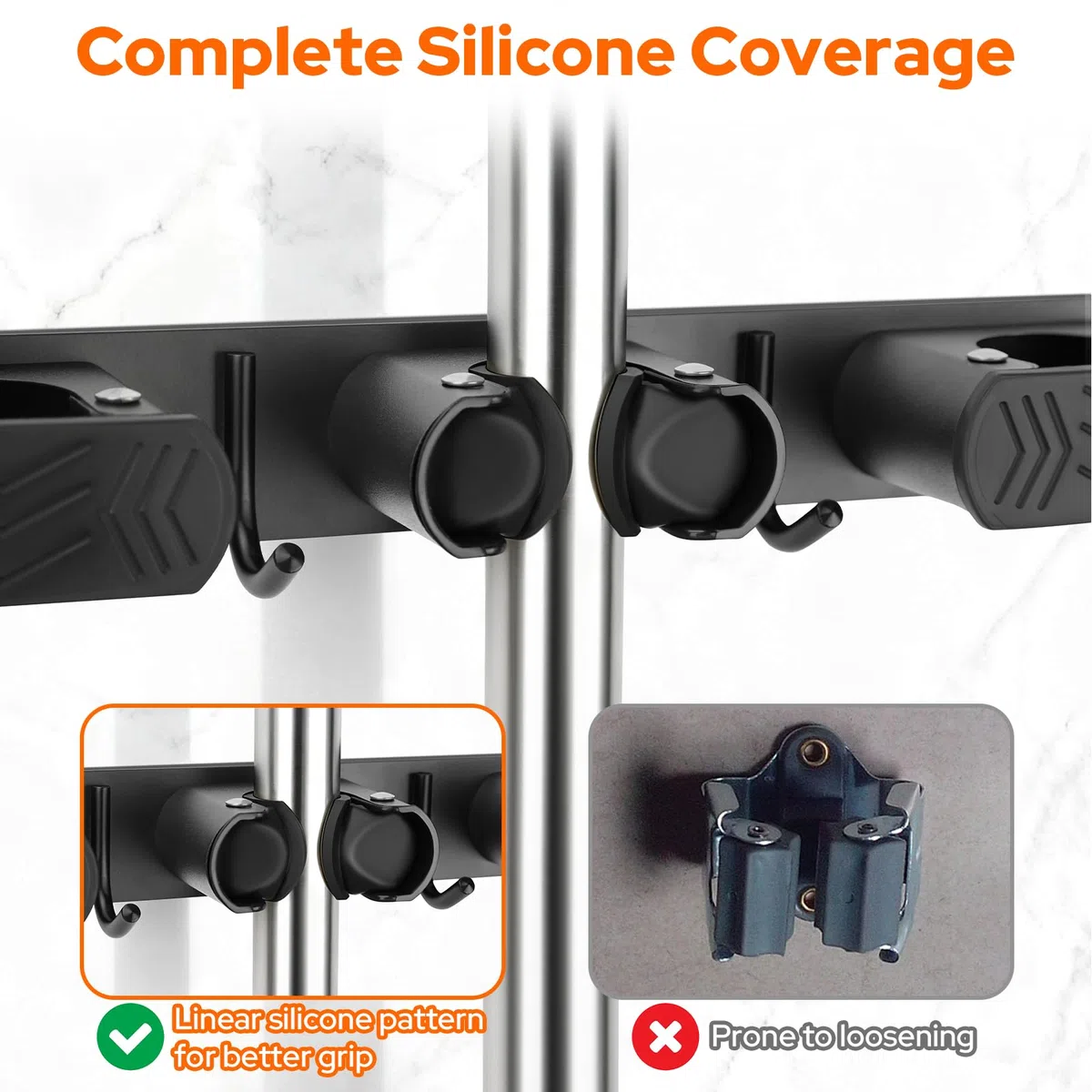 Alyvisun Porta Scope Parete 3 Slot e 4 Ganci, Portascope da Muro, Appendiscope da Muro con Clip in Silicone Antiscivolo per Casa, Garage e Giardino - Nero