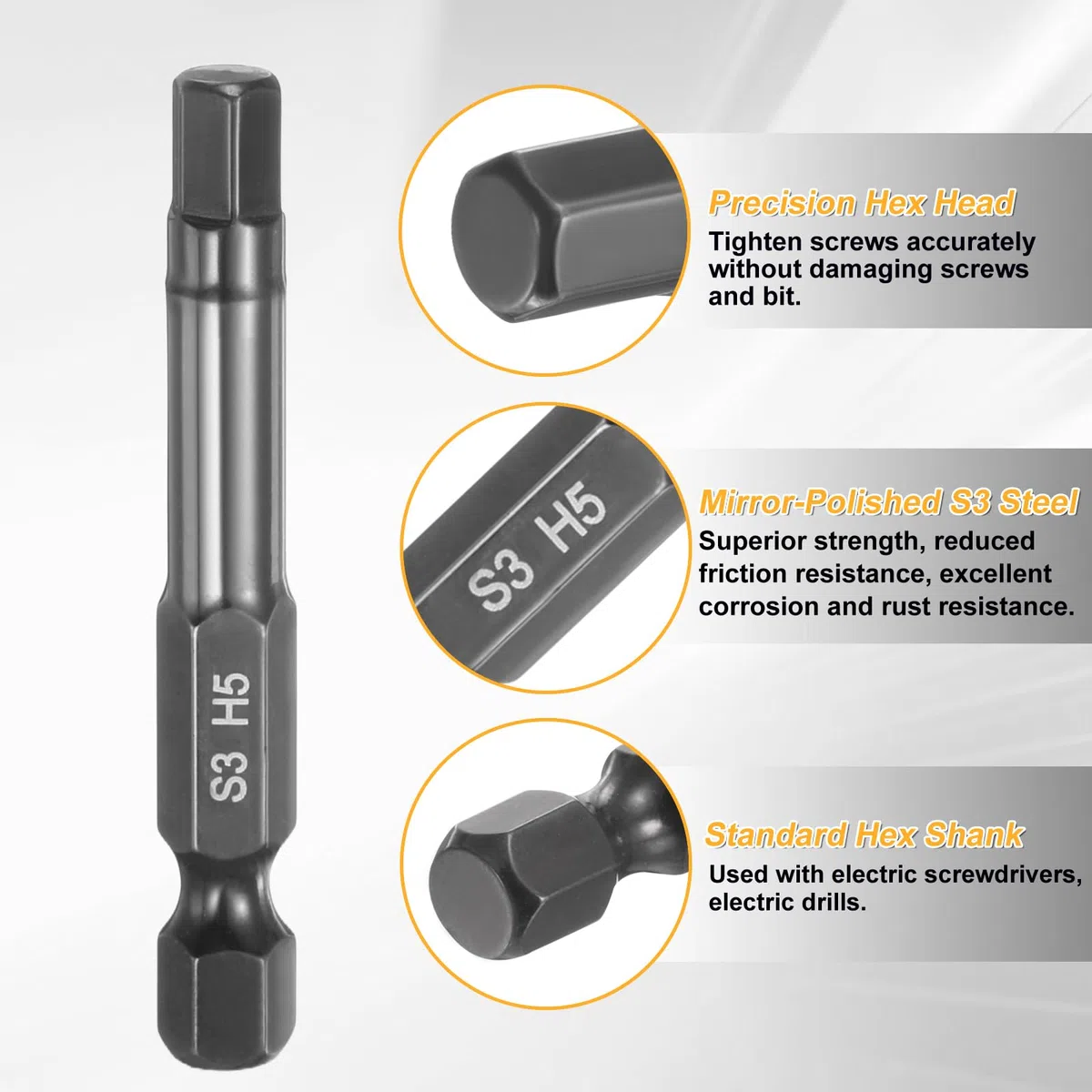 QUARKZMAN 8Pz Punte Cacciavite Piatte Testa Esagonale H5 (5mm) Punta Magnetiche Gambo Esagonale 1/4" Lunga 50mm (2") Lucidatura a Specchio Inserti per Avvitatore Metrico per Chiave