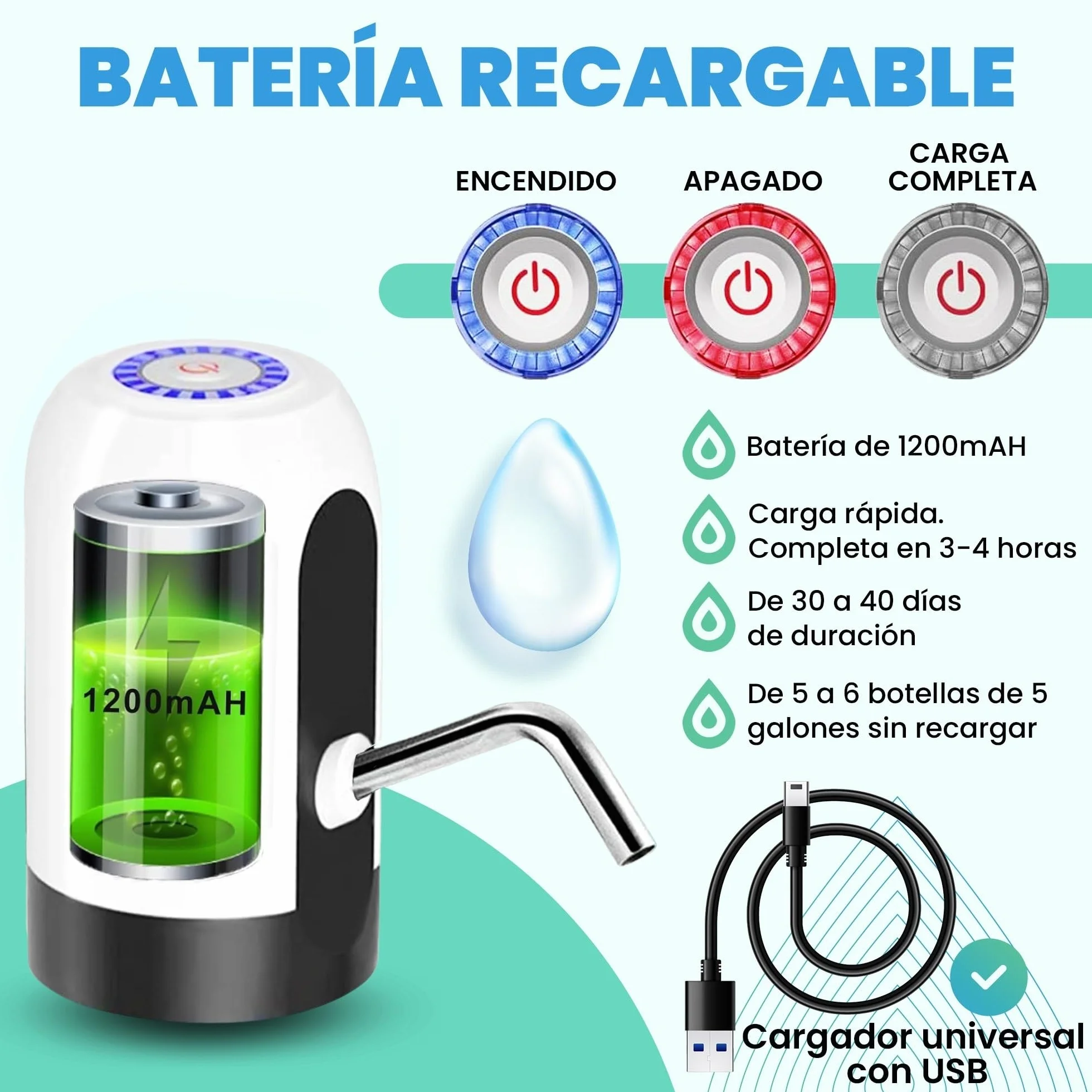 Distributore di acqua, rubinetto elettrico per lattine di acqua fredda, pompa dosatrice con due adattatori. 5,7L, 10L, 11,3L, 15L, 18,9L.