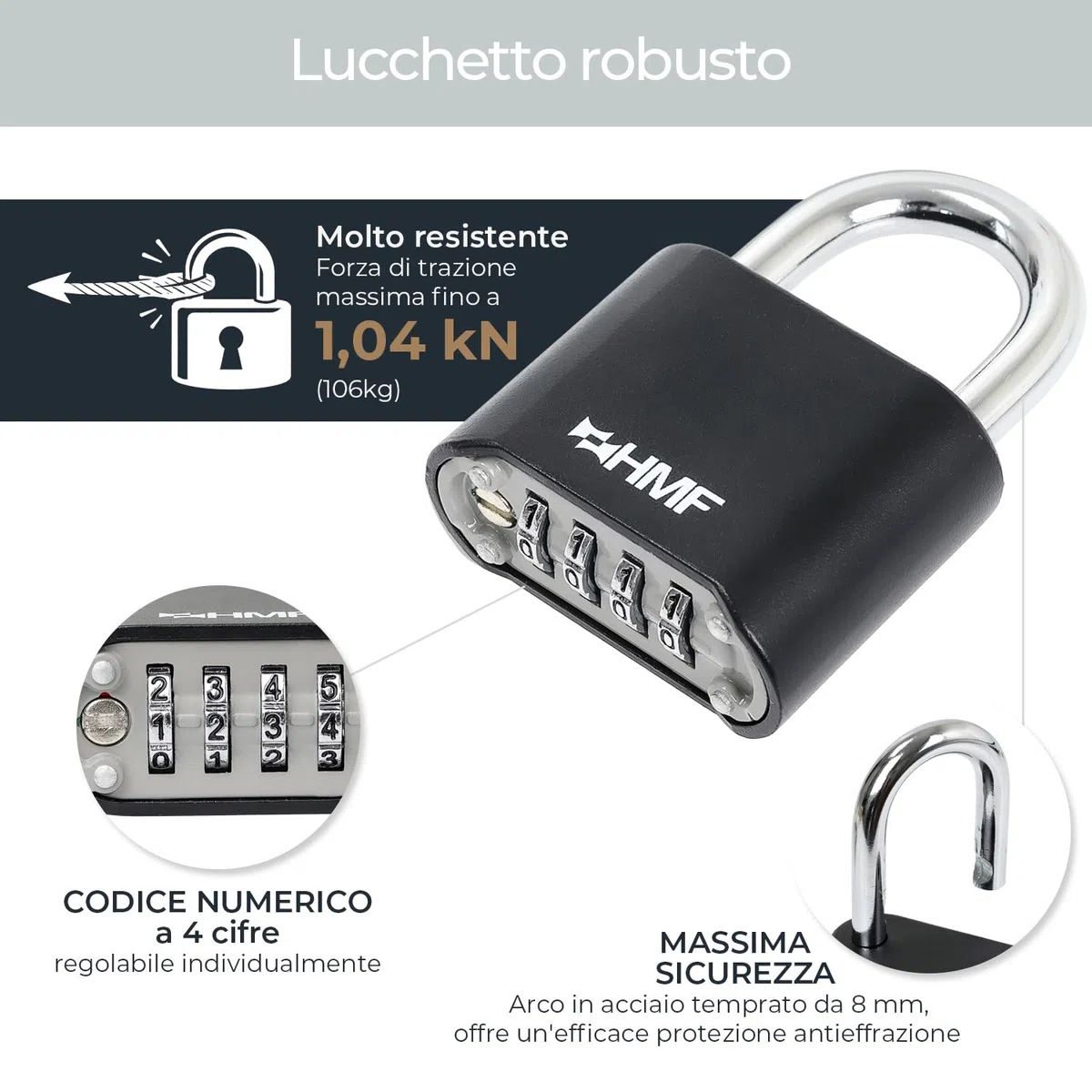 HMF Lucchetto a combinazione con codice a 4 cifre, Lucchetto robusto in lega di zinco | 5,3 x 2,4 x 7,8 cm | Nero