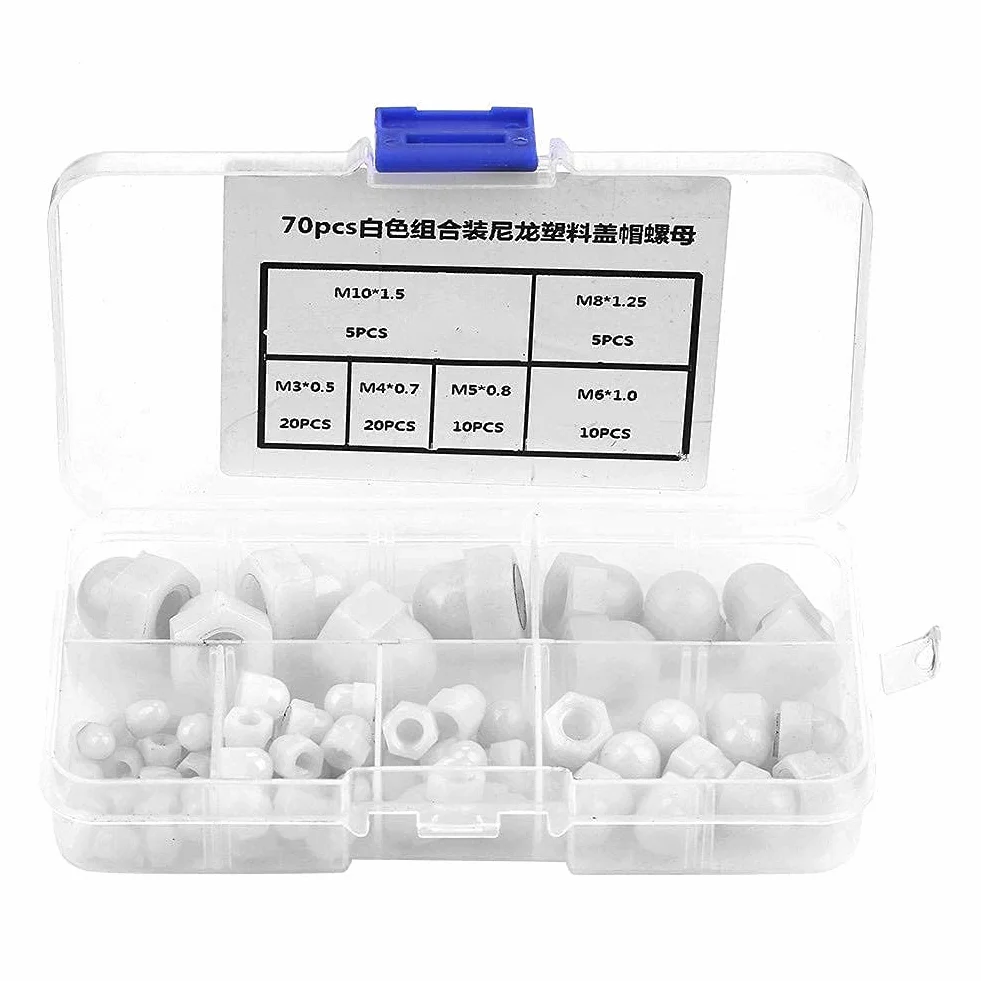 Set din Dadi, Kit Assortimento,Dado Esagonale, Tappo A Testa Bombata In Nylon,Dado Cieco A Forma di Dadi a Ghianda 70 Pezzi M3/m4/m5/m6/m8/m10 Bianca