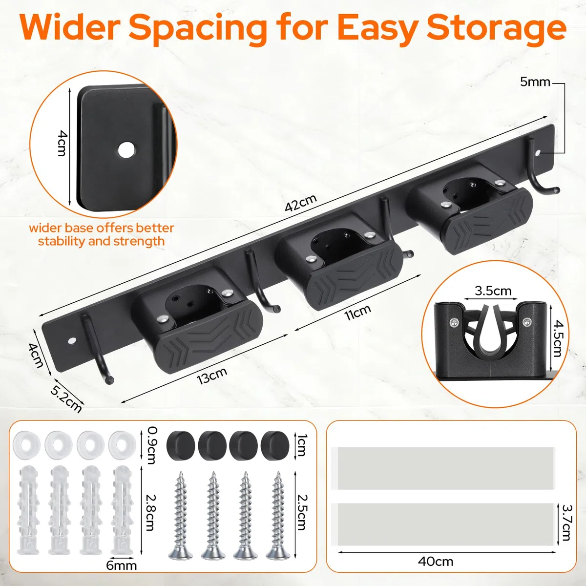 Alyvisun Porta Scope Parete 3 Slot e 4 Ganci, Portascope da Muro, Appendiscope da Muro con Clip in Silicone Antiscivolo per Casa, Garage e Giardino - Nero