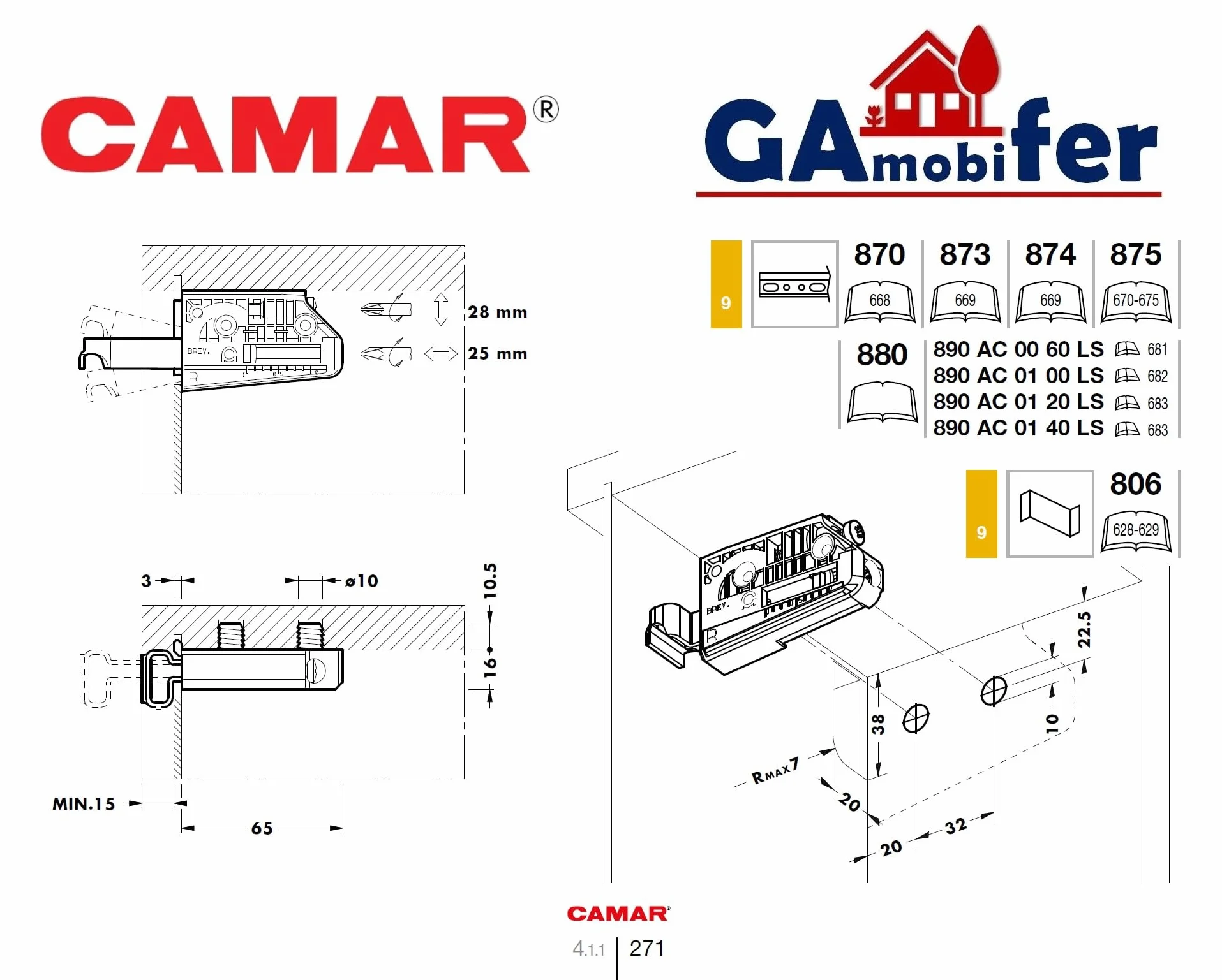 GAMOBIFER. Reggipensile CAMAR per Pensili Cucina. Ganci Mobili Sospesi (coppia DX e SX). (Bianco, Gancio 15 con Tenone)