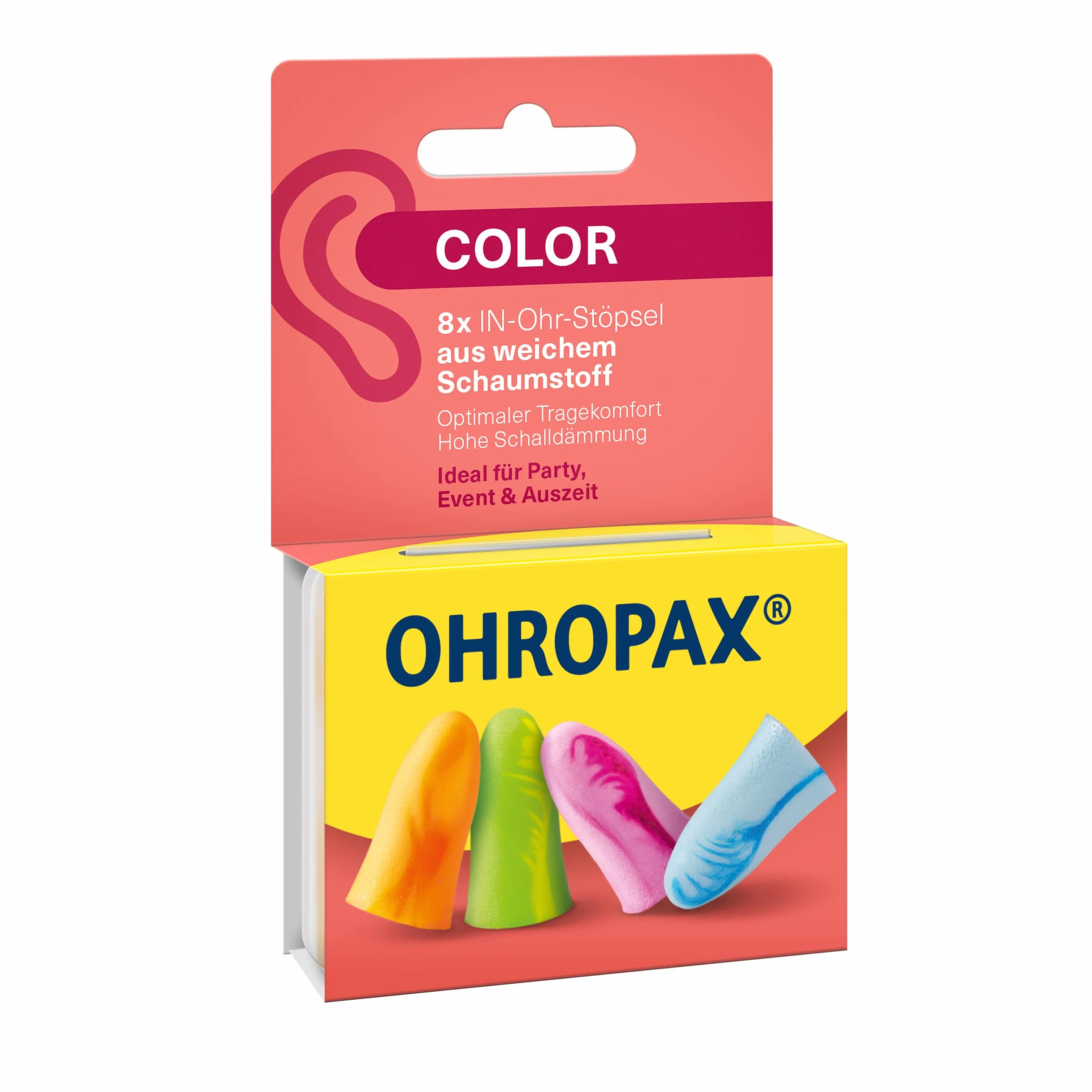 OHROPAX Tappi auricolari color – Tappi auricolari in morbida schiuma – particolarmente comodi anche a lungo – valore di isolamento acustico SNR 35 dB – ideali per feste, eventi e pausa – 8 pezzi