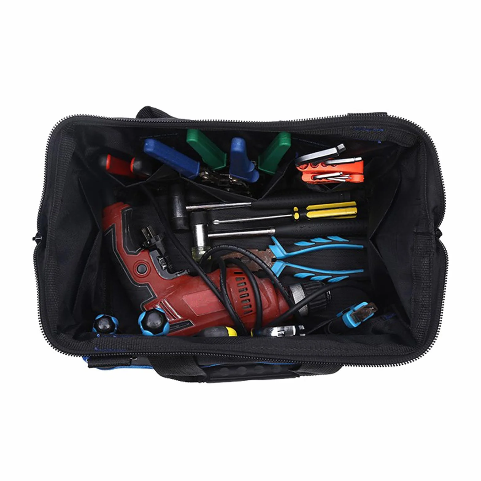 Borsa per attrezzi resistente con fondo rigido impermeabile, ampia apertura per elettricista, carpentiere, meccanico, con molte tasche (Blu, 21/29/40 cm)