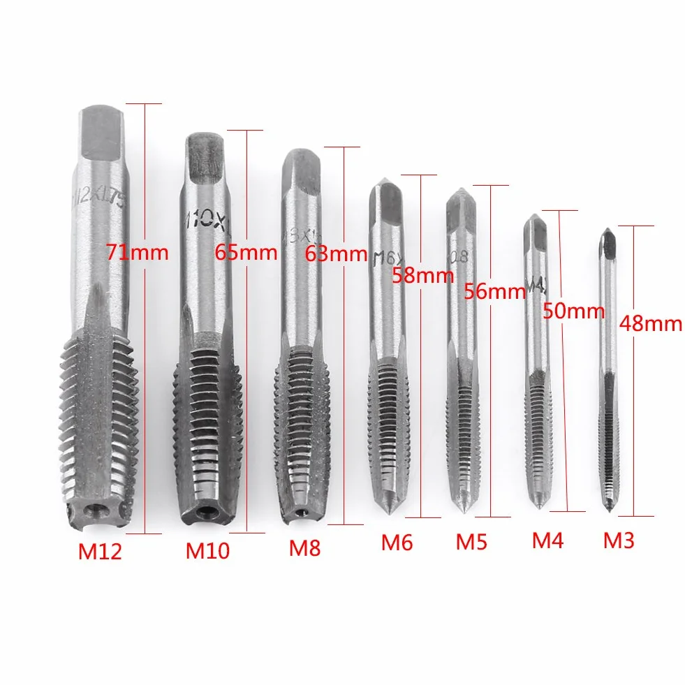 7 pezzi Hand Gewindebohrer Metrischer Gewindeschneider Stahlgewindebohrer M3 M4 M5 M6 M8 M10 M12 per Filettatura Manuale Acciaio