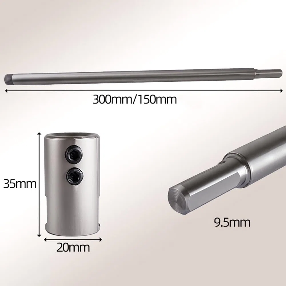 Asta di prolunga per punte da 150 mm 300 mm per sega a tazza con manico triangolare da 9 a 9,4 mm, adattatore a doppia vite in metallo per lavorazione del legno, argento
