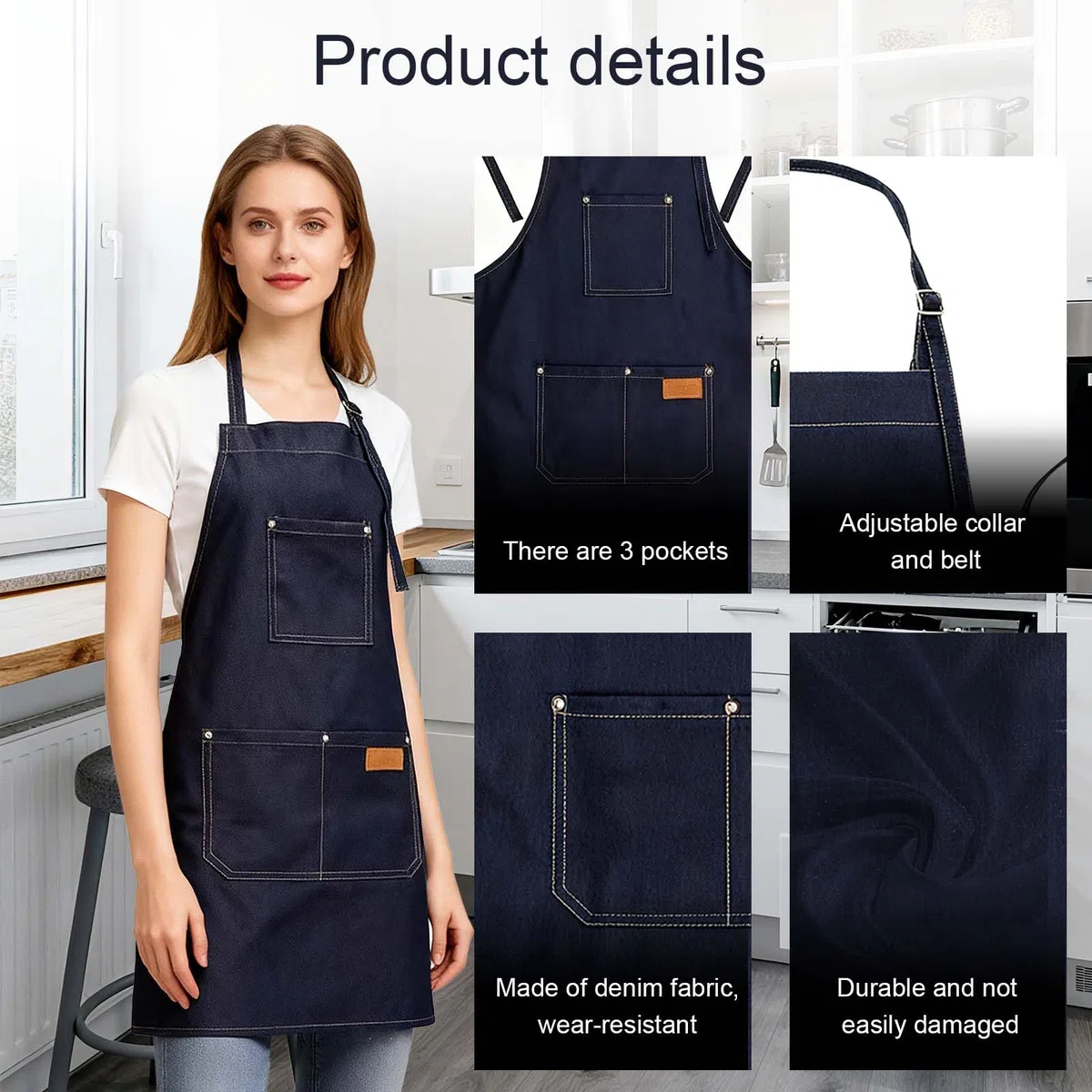 Grembiule da lavoro lungo in jeans con 3 tasche 80x60 cm, grembiule cucina giardinaggio salone artigianato unisex regolabile resistente per casa e professionisti