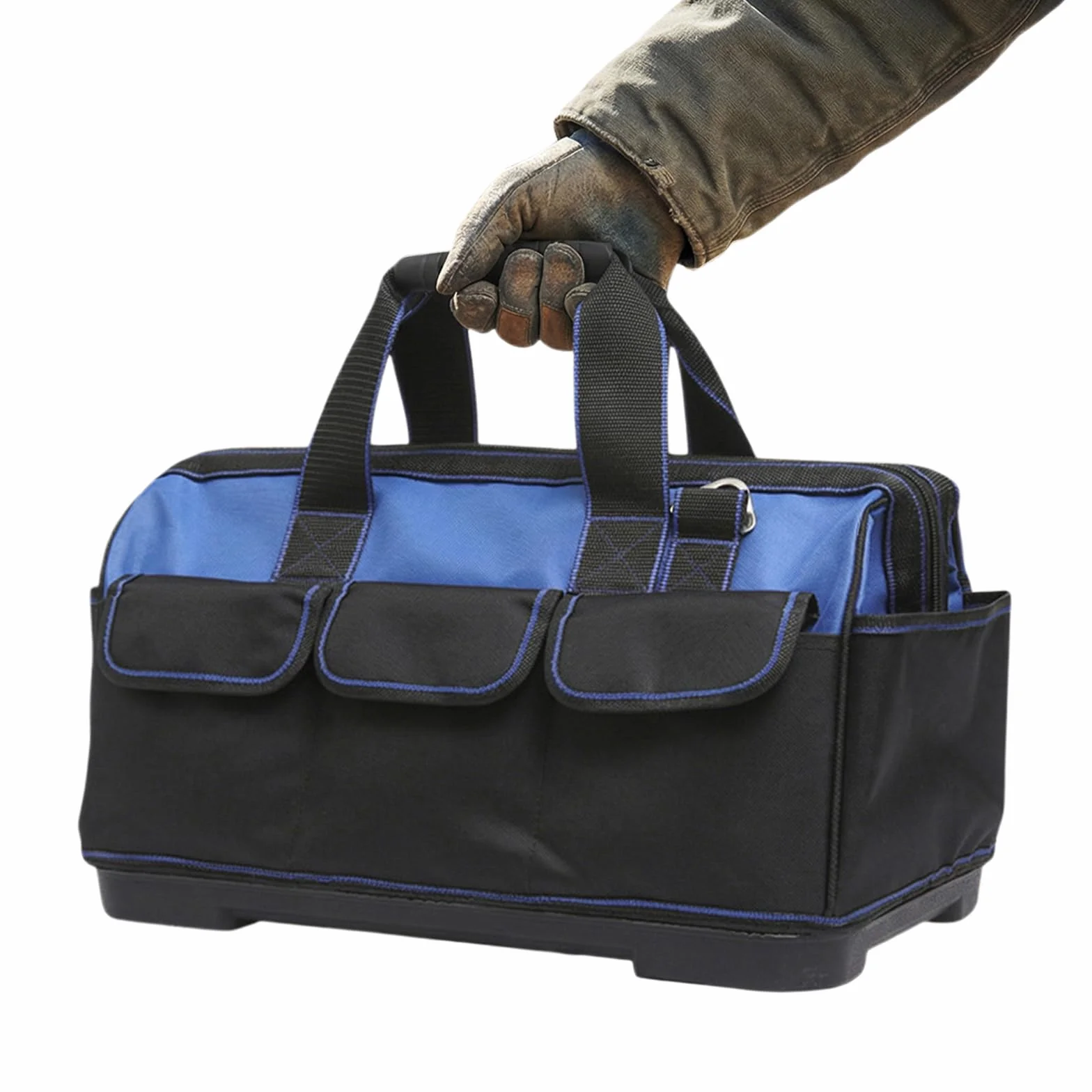 Borsa per attrezzi resistente con fondo rigido impermeabile, ampia apertura per elettricista, carpentiere, meccanico, con molte tasche (Blu, 21/29/40 cm)