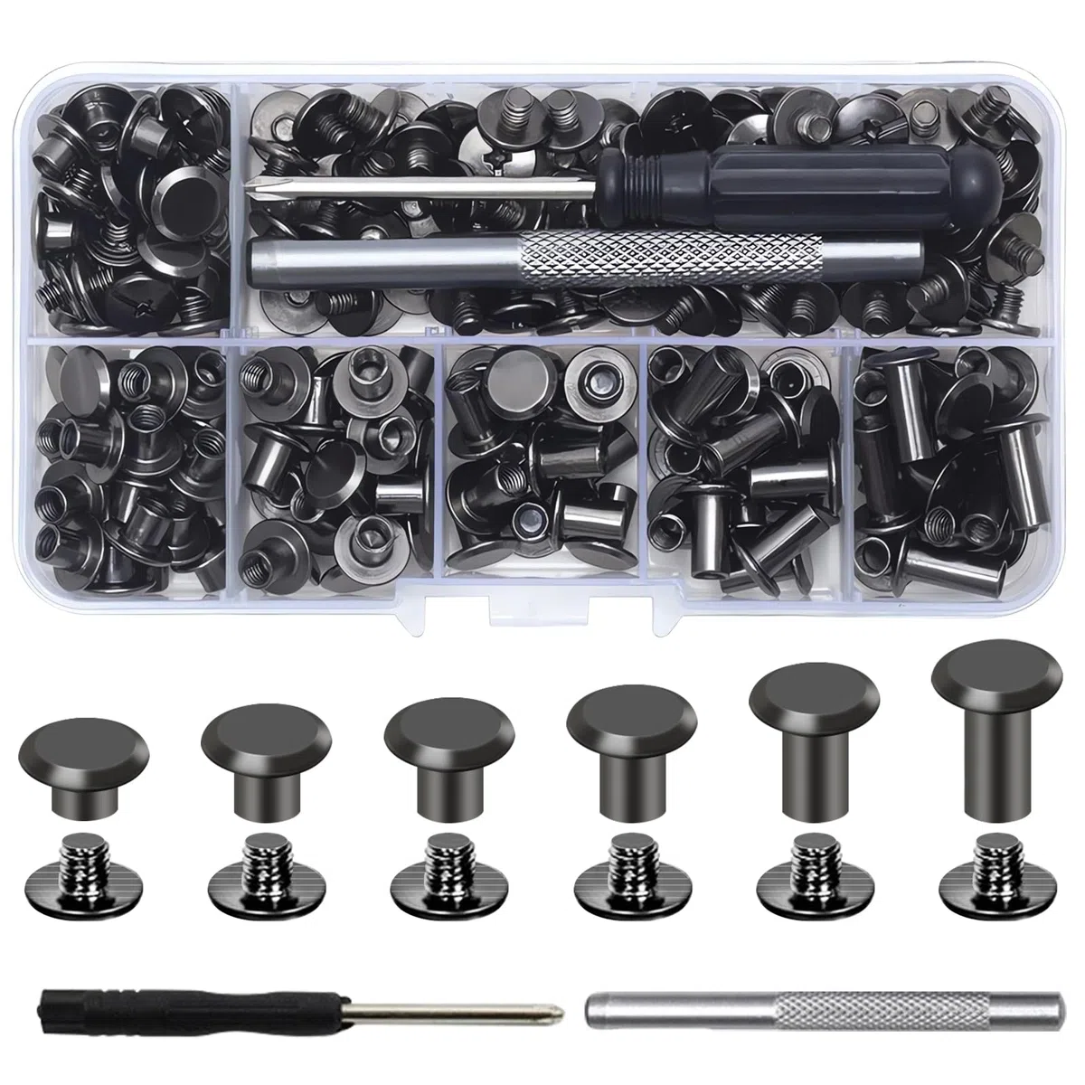 110 Pezzi Set di Viti Chicago per Rilegatura, M5 x 4/5/6/8/10/12 mm Set Viti per Rilegatura Chicago Kit, Kit di Rivetti a Vite per fai da te in pelle, borse, artigianato, colletto, stoviglie, bagagli