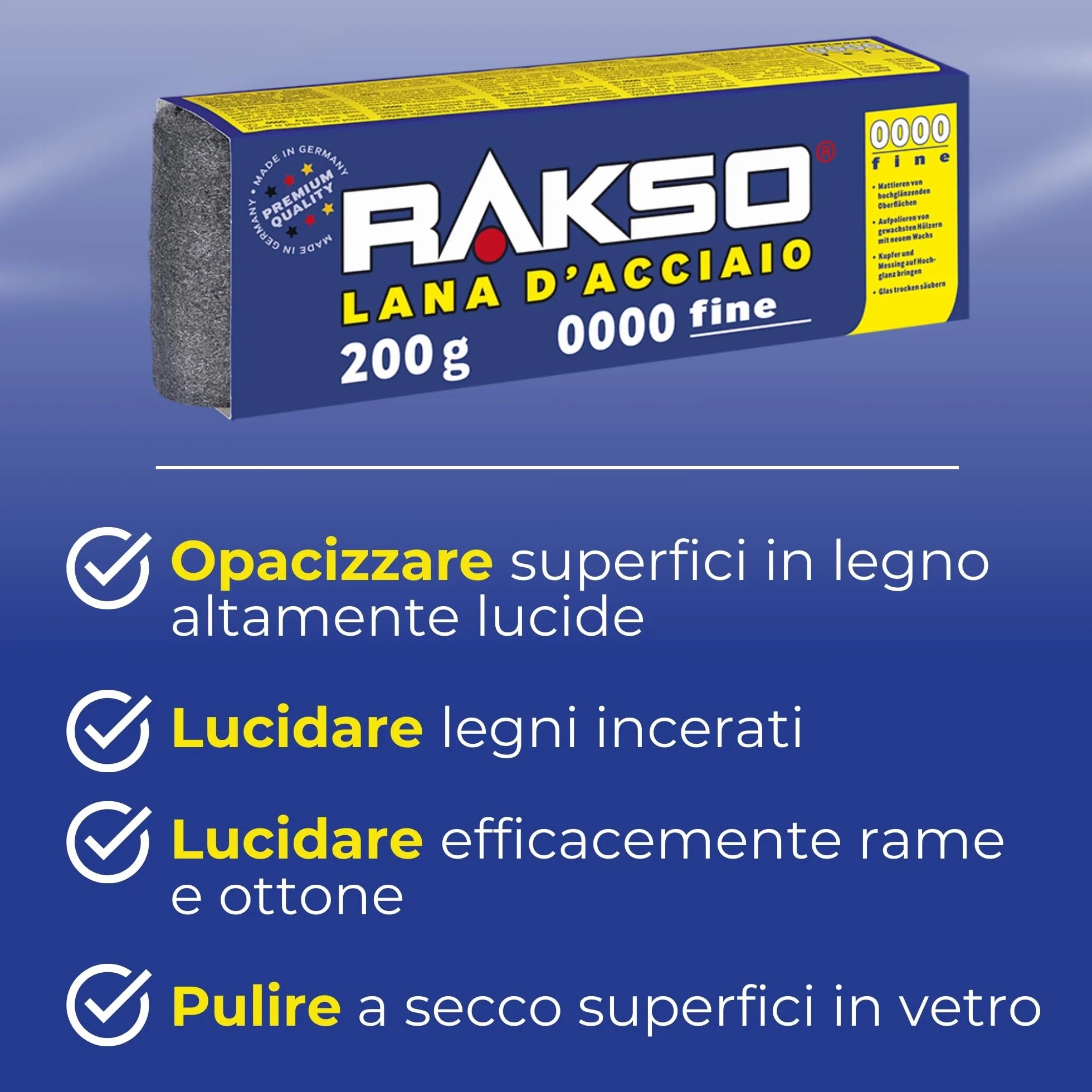 RAKSO Lana di Acciaio Extrafine 0000 200g 1 Fascia lucidare legni incerati