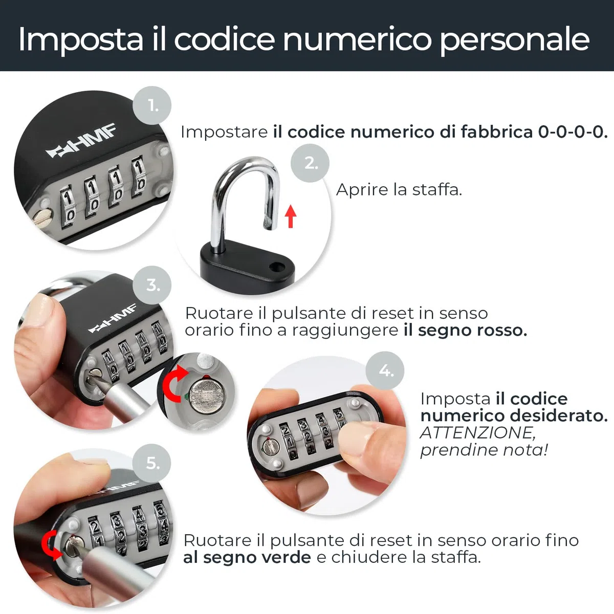 HMF Lucchetto a combinazione con codice a 4 cifre, Lucchetto robusto in lega di zinco | 5,3 x 2,4 x 7,8 cm | Nero