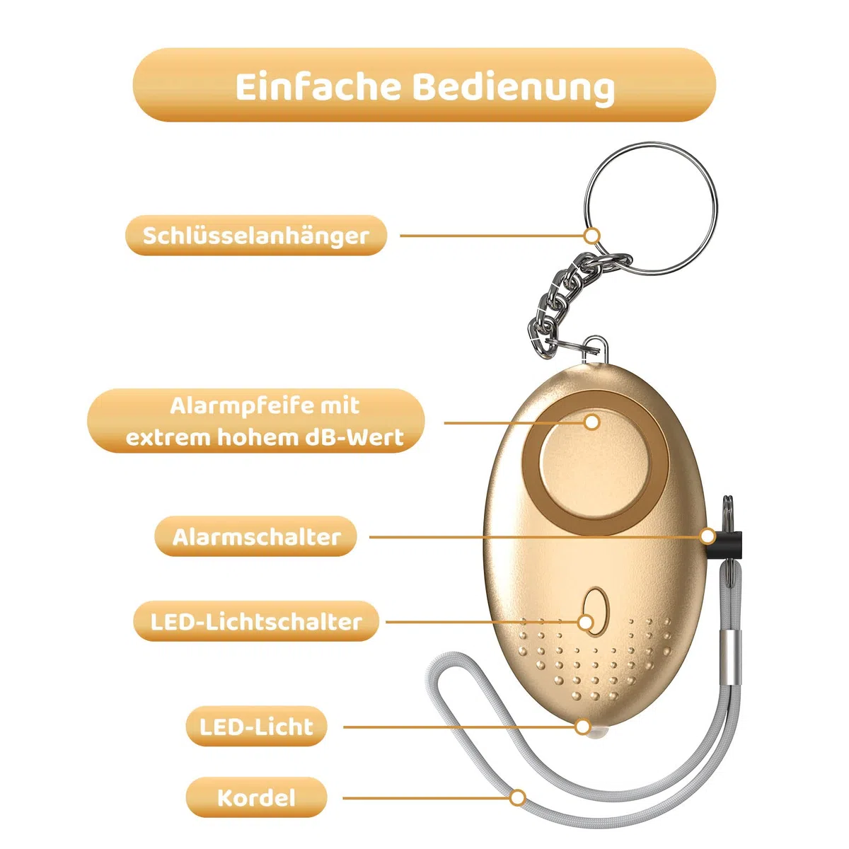 Allarme Personale di Sicurezza di Emergenza - 150dB Sirena Portachiavi Autodifesa di Dispositivo con Torcia LED per Bambini, Donne, Anziani - Molto Forte Suono (Oro)