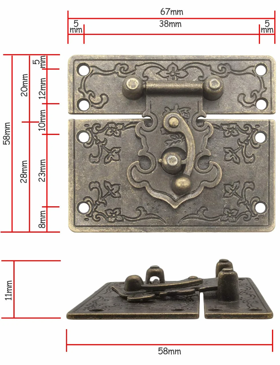 FUXXER Chiusura antica con gancio di bloccaggio per casse mobili, 67 x 58 mm, bronzo, set da 2 pezzi