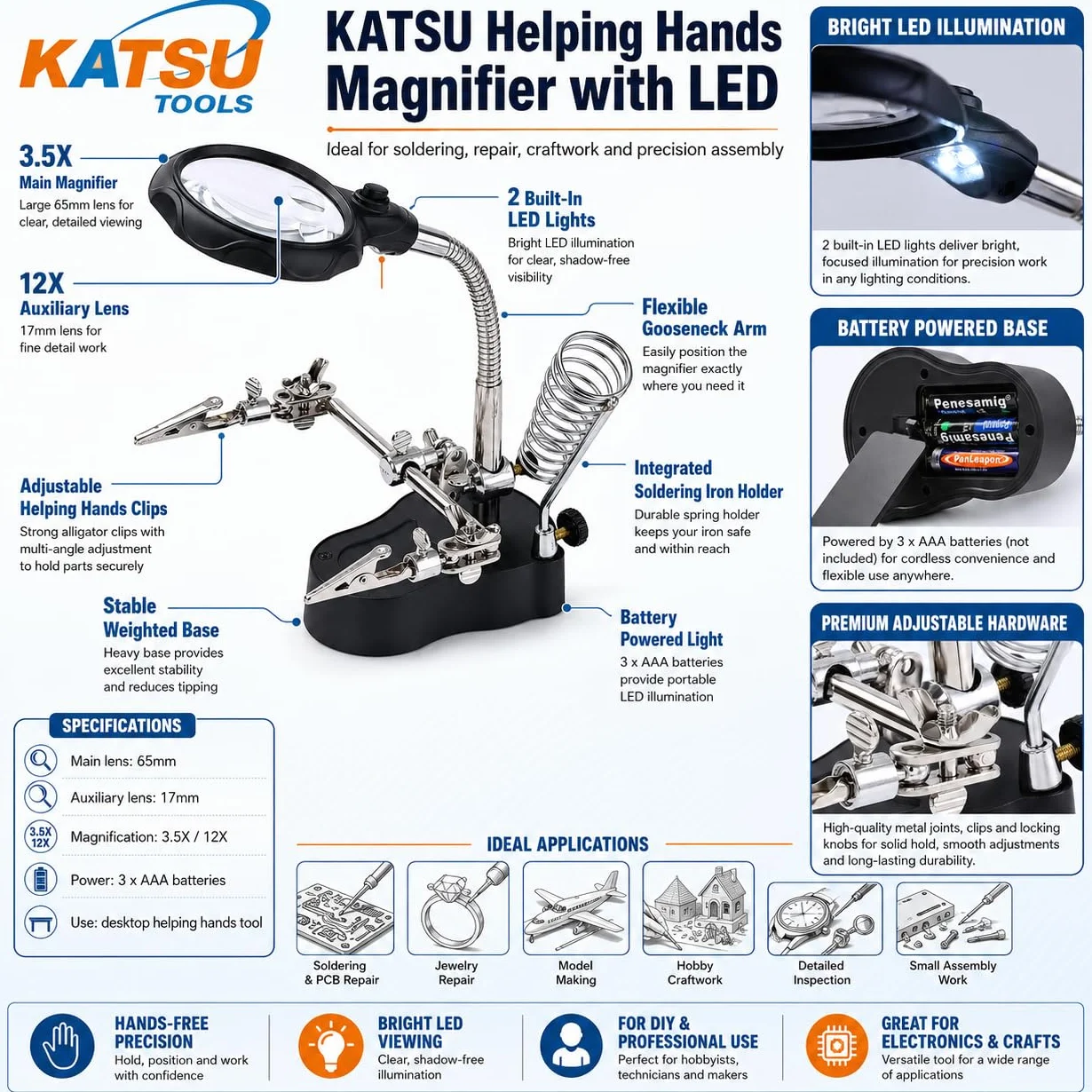 KATSU Lente d'Ingrandimento per Saldatura con Lampada a LED Terza Mano con Lente d'Ingrandimento, Che Aiuta Le Mani con Clip Lente d'Ingrandimento 3.5X 12X Dispositivi di Tenuta per Saldatura con Clip a Coccodrillo per Lavori di Riparazione di Assemblaggi
