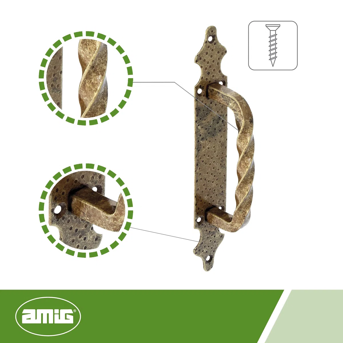 Amig - Maniglione in Zama con Placca in Acciaio - Stile Rustico Resistente - Facile da Installare - Per Porte e Cancelli - Compatibile con Maniglie Ferro Battuto, Cuoio, 28x4.5 cm, Lega di Acciaio