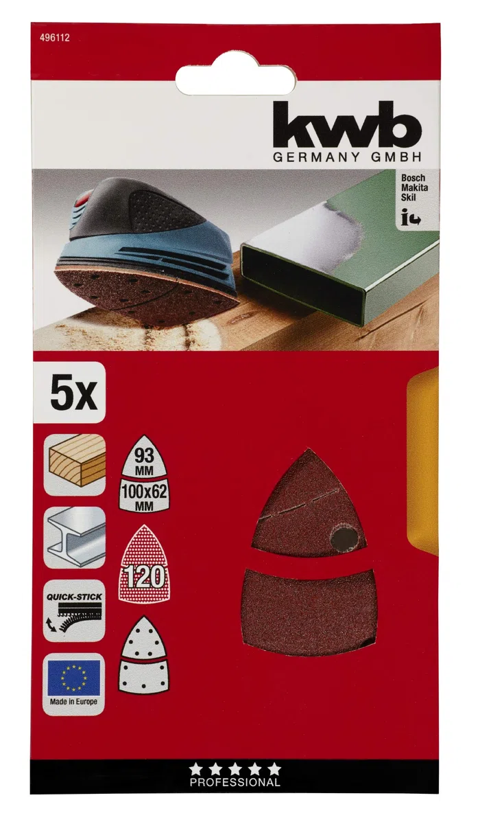 KWB 4961-12 Triangoli di levigatura QUICK-STICK, legno & metallo, autoadesivi, 100 x 62, 93 mm, per levigatrici triangolari Bosch PSM 160 A, PRIO, VENTARO, Skil Octo 7208