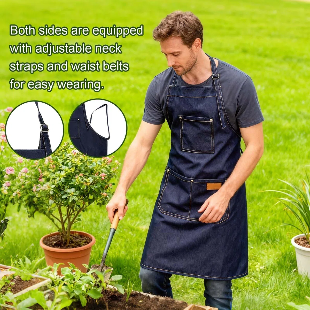 Grembiule da lavoro lungo in jeans con 3 tasche 80x60 cm, grembiule cucina giardinaggio salone artigianato unisex regolabile resistente per casa e professionisti