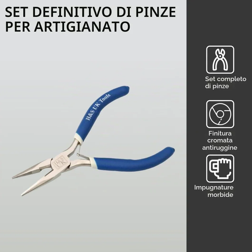 H&S Set Pinze per Bigiotteria Cromate per la Creazione di Gioielli - Set da 3 con Pinze Lunghe, ad Ago e a Punta Tonda - Attrezzi per la Bigiotteria Bricolage e Fai da Te