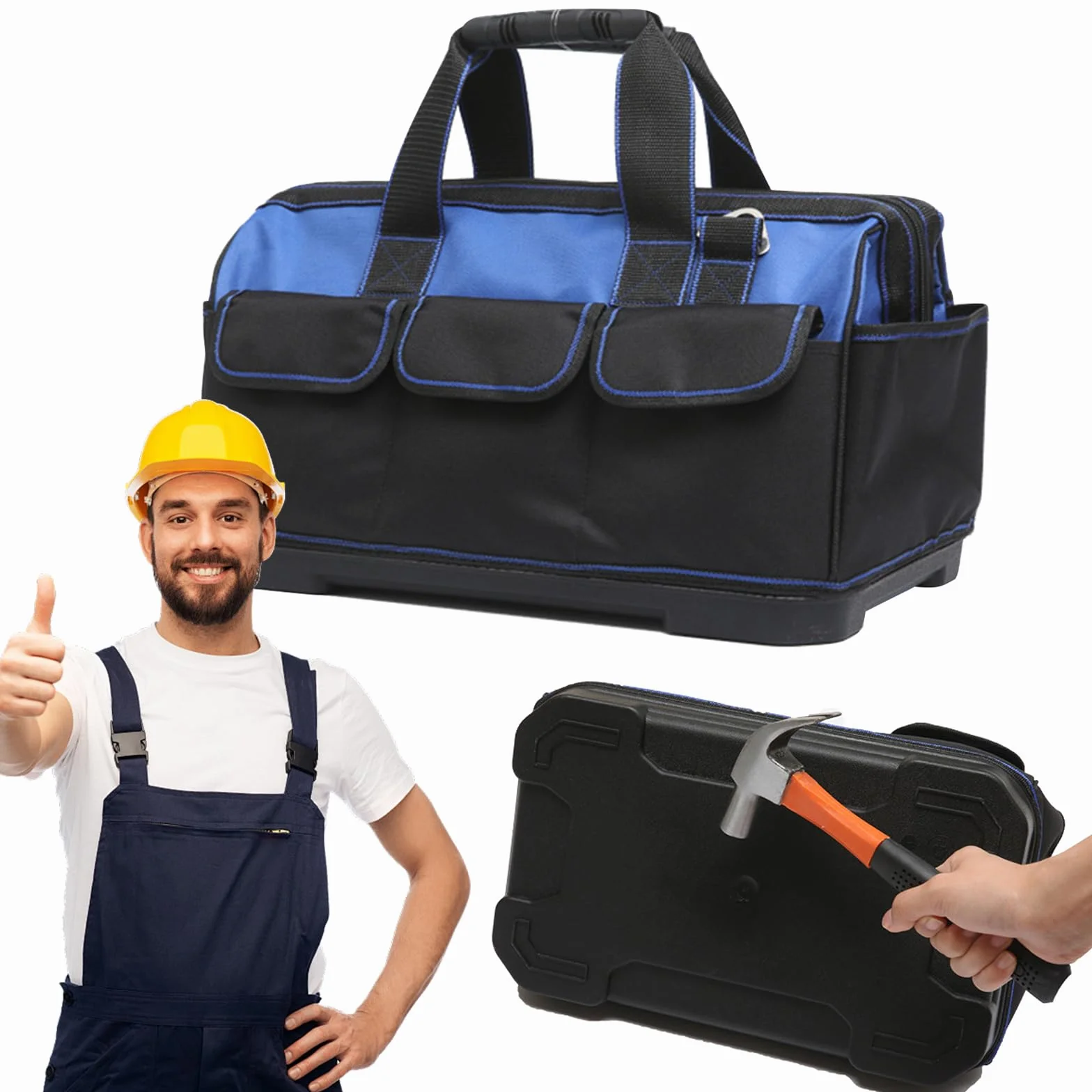 Borsa per attrezzi resistente con fondo rigido impermeabile, ampia apertura per elettricista, carpentiere, meccanico, con molte tasche (Blu, 21/29/40 cm)