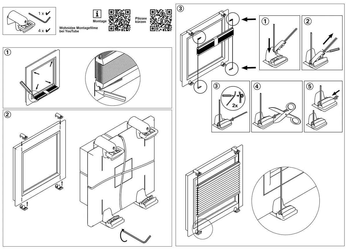 Wohnidee Supporto a Incastro per Tenda Plissettata, 4 Pezzi, Montaggio Senza Viti né Trapano, Bianco, Metallo/Plastica, Estensione 5-25 mm