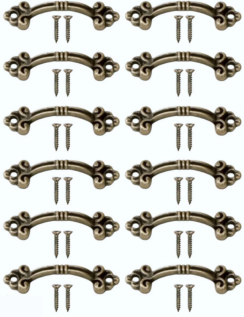 FUXXER®, 12 piccole maniglie anticate, per cassette, scatole, cassettini, cassapanche, design vintage dall’effetto bronzo anticato, 4,8 x 1,4 cm, set da 12 pezzi, con viti