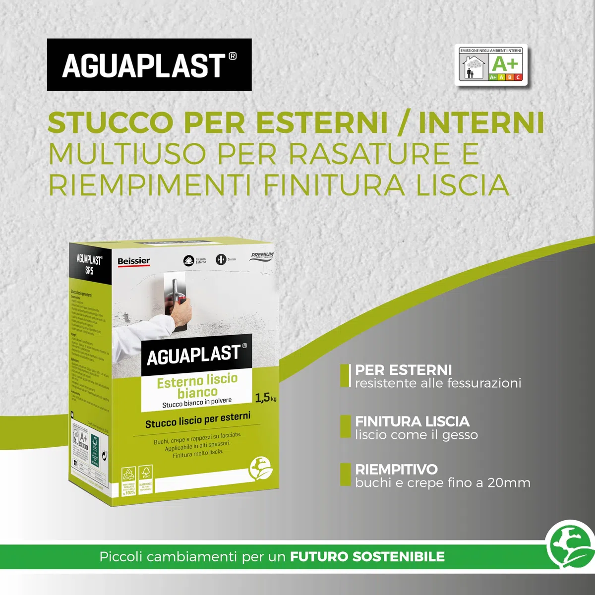 Stucco per Esterni finitura liscia – Aguaplast SR5 per Rasature e Riempimenti di Crepe e Buchi – Stucco in Polvere Verniciabile per Facciate, Muri e Intonaco – Alta Resistenza - formato 1,5kg