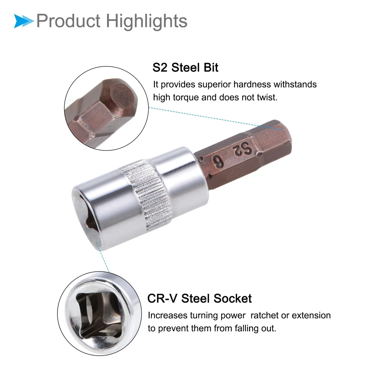 Chiave Esagonale a Bussola, Metrico H6 (6mm) Punta 1/4" Attacco 1,5" Lungo, Acciaio Legato S2 Temprato al Cromo-Vanadio - (Applicazioni: per Applicazioni Fissaggio) 2pz