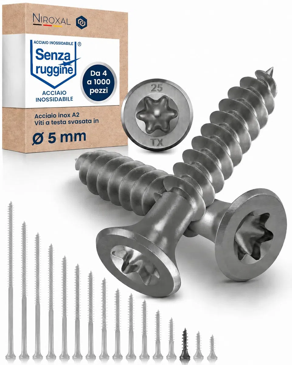 Vite a testa svasata TORX V2A in acciaio inossidabile 5-mm di spessore - Lunghezza della vite di 25-mm - 50 pezzi - Filettatura parziale di 18-mm Vite per legno 5x25