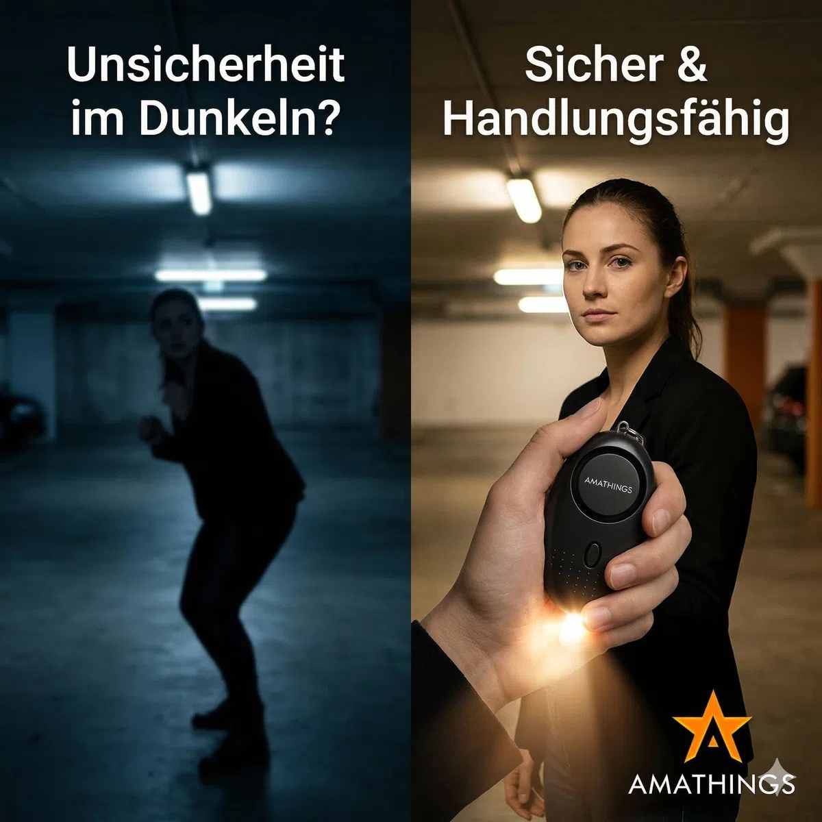 AMATHINGS Set di 2 allarmi tascabili [140dB deterrente] – Braccio panico mobile per portachiavi e borsa – aiuto immediato con luce LED – Protezione comprovata per donne, bambini e anziani – Nero
