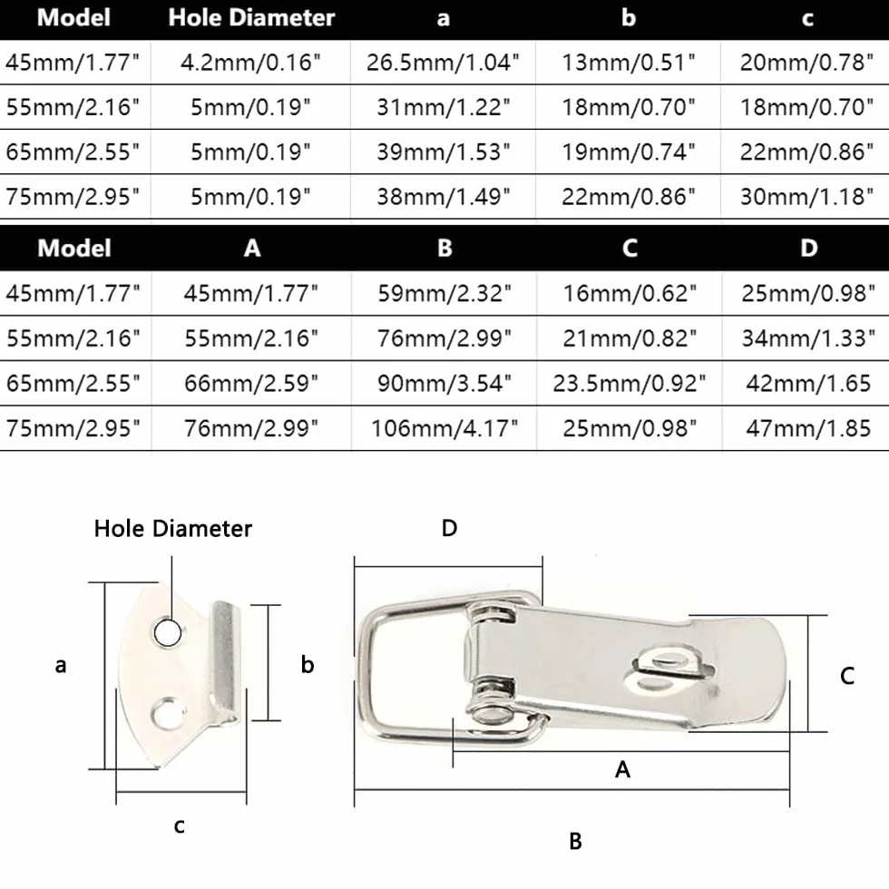 4 morsetti a levetta in acciaio inox da 45 mm, con chiusura a molla, per cassetta degli attrezzi, cassetto, armadietto, baule con serratura