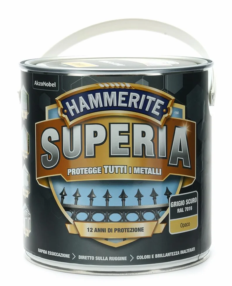 Hammerite Superia smalto metallo antiruggine interno e esterno, Opaco Grigio Scuro, 250 ml