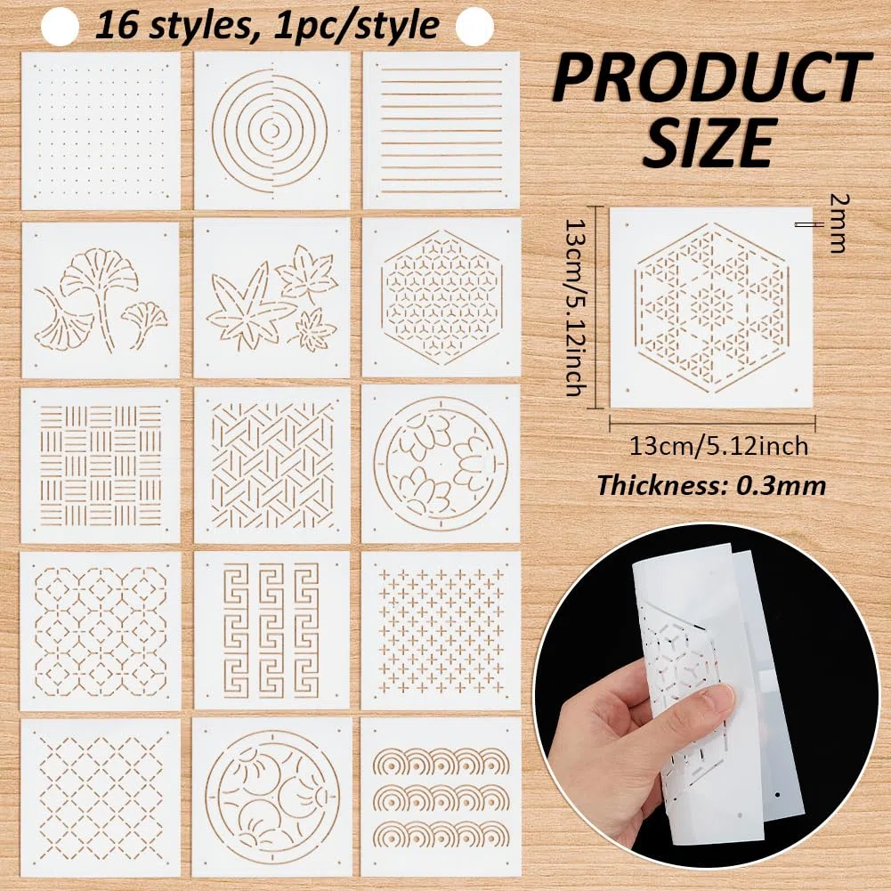 BENECREAT 16 pz. Stencil Sashiko In Plastica con Stili Misti, Strumento per Ricamo Da 13x13cm, Modello di Linea di Disegno per Trapuntatura A Mano e Ricamo, 0.3mm di Spessore