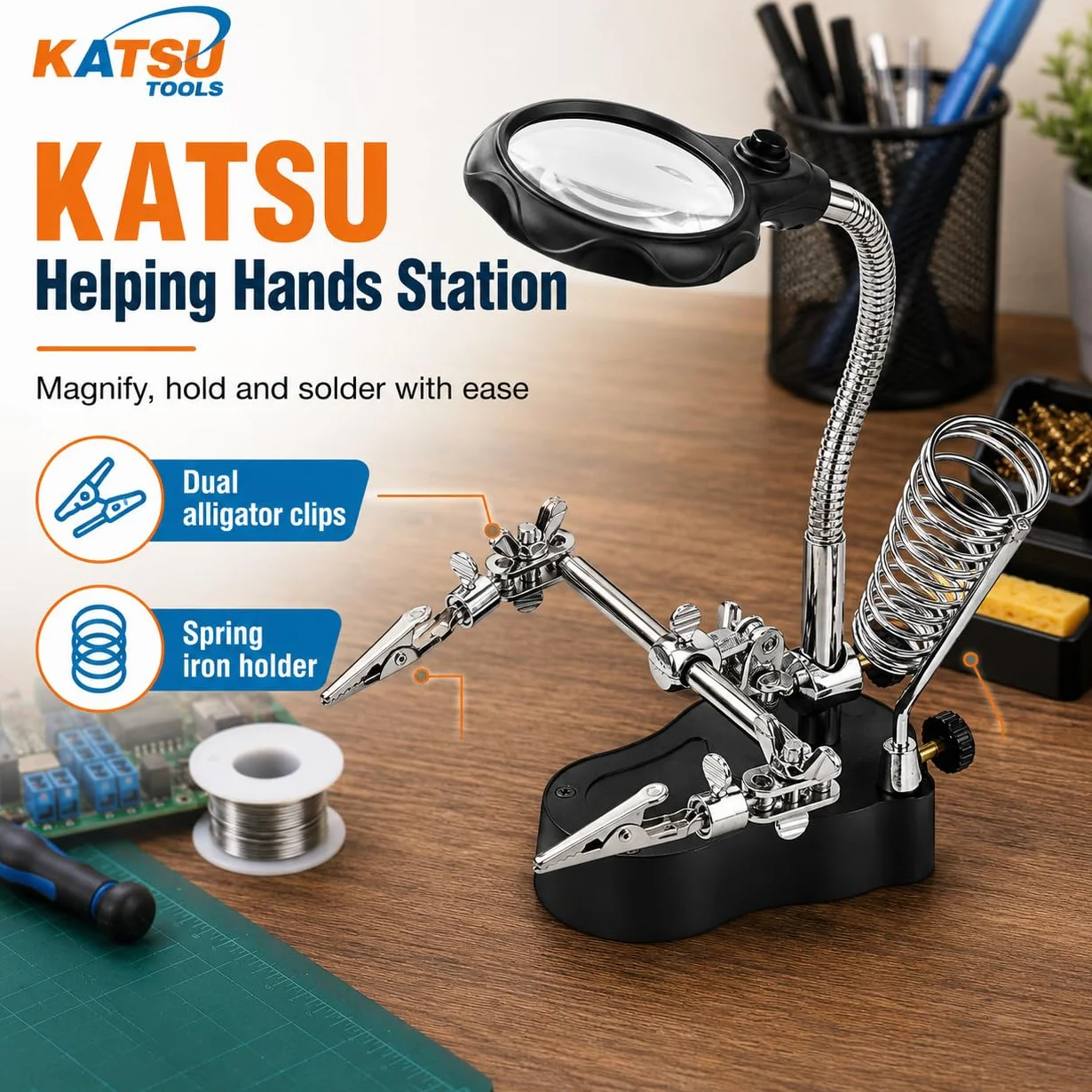 KATSU Lente d'Ingrandimento per Saldatura con Lampada a LED Terza Mano con Lente d'Ingrandimento, Che Aiuta Le Mani con Clip Lente d'Ingrandimento 3.5X 12X Dispositivi di Tenuta per Saldatura con Clip a Coccodrillo per Lavori di Riparazione di Assemblaggi
