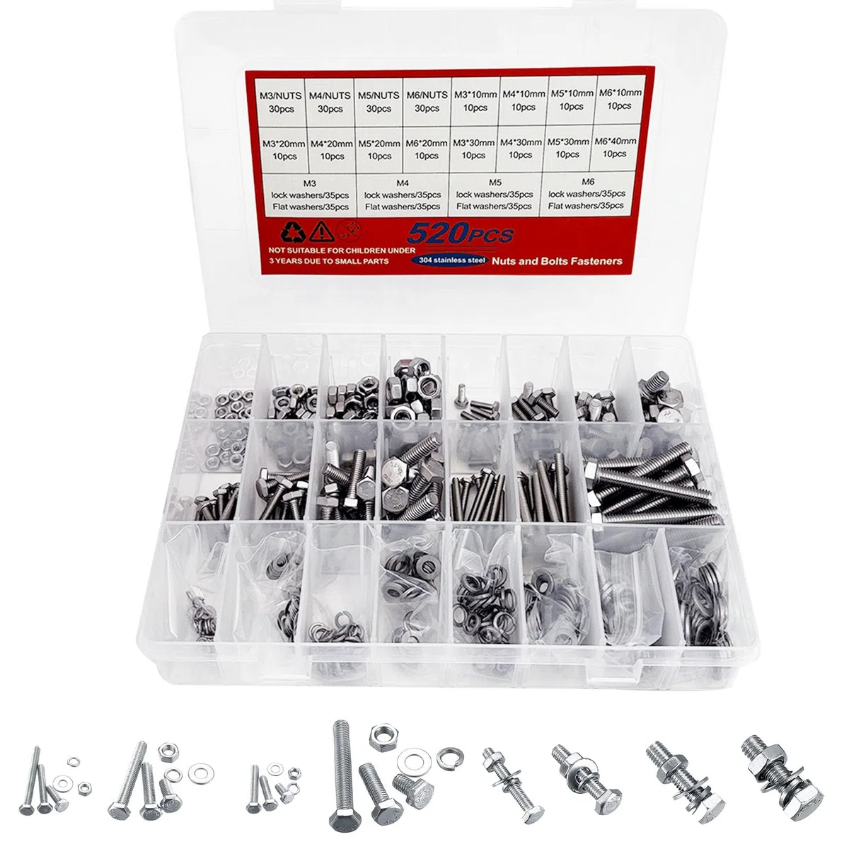 Viti Bulloni e Dadi a Testa Esagonale, 520 Pezzi M3 M4 M5 M6 viti Bulloni e dadi e Rondelle Set, Kit Viti Testa Esagonale in Acciaio Inox, Set di Vitis Filettate con Dadi e Rondelle