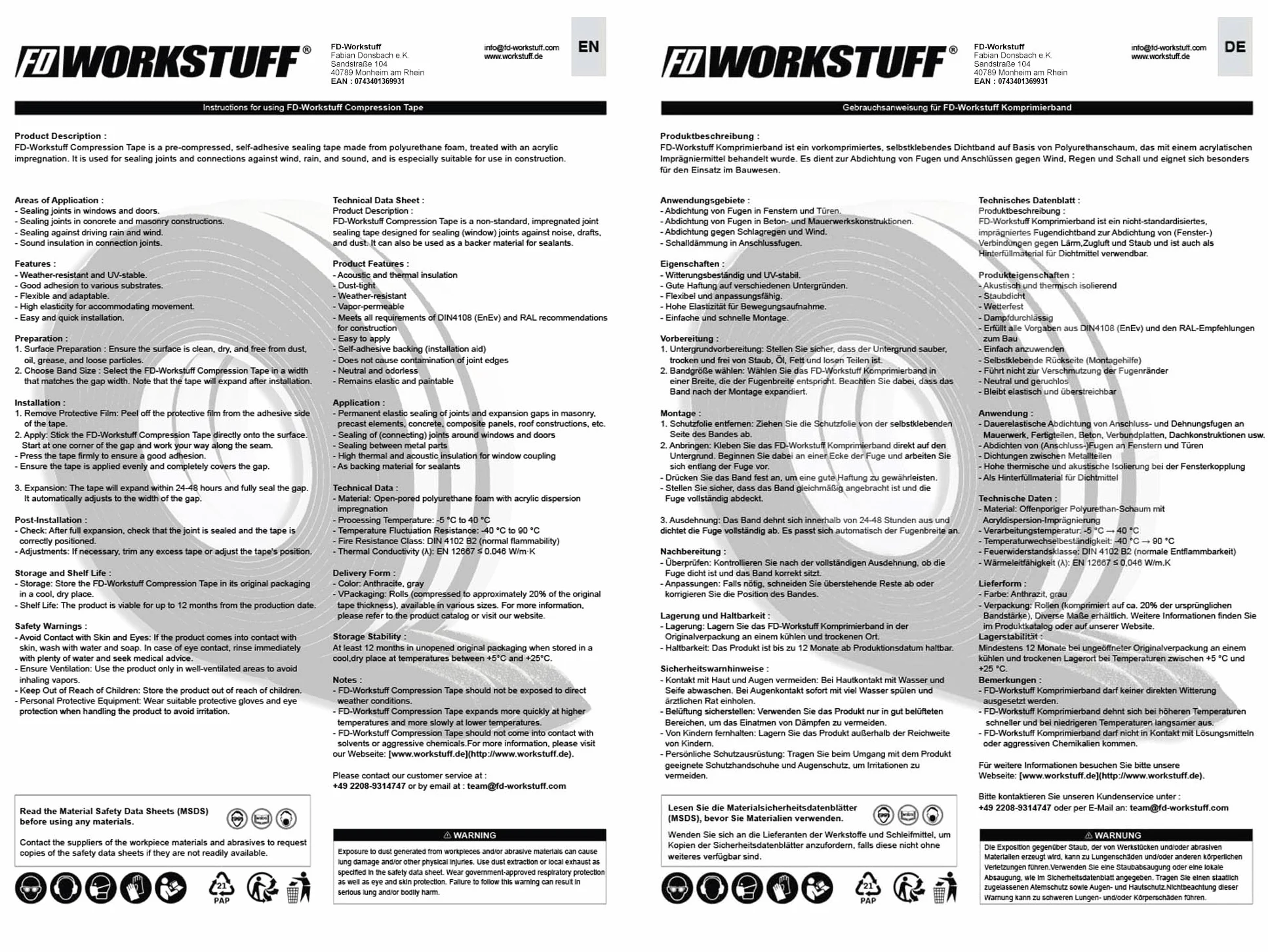 FD-Workstuff Nastro di Compressione 10/3 │ grigio │ 1 pezzo │ 10 m di lunghezza │ larghezza rotolo: 10 mm, larghezza giunto: 3-15 mm │ Nastro Sigillante per Giunto │ Nastro Sigillante per Fughe